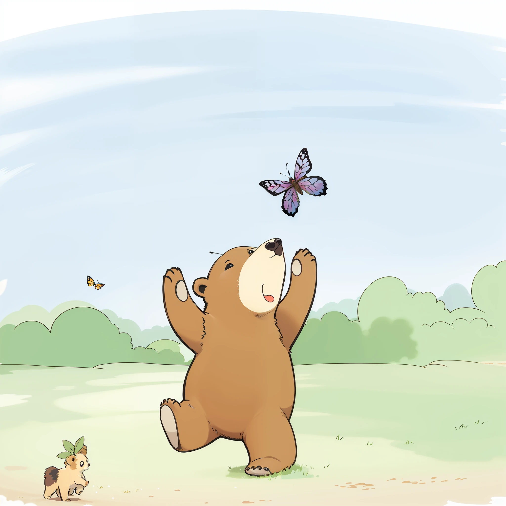 A bear cub chasing butterflies on the lawn and flowers on the lawn