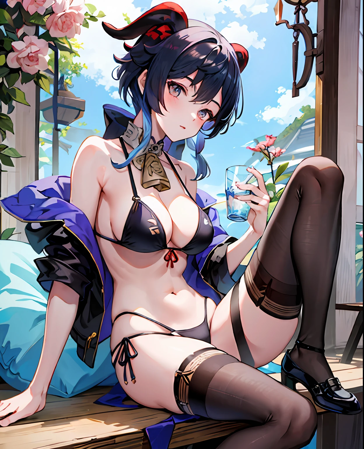 Genshin, Ganyu, bikini, thong, leg ring, stockings, shoes