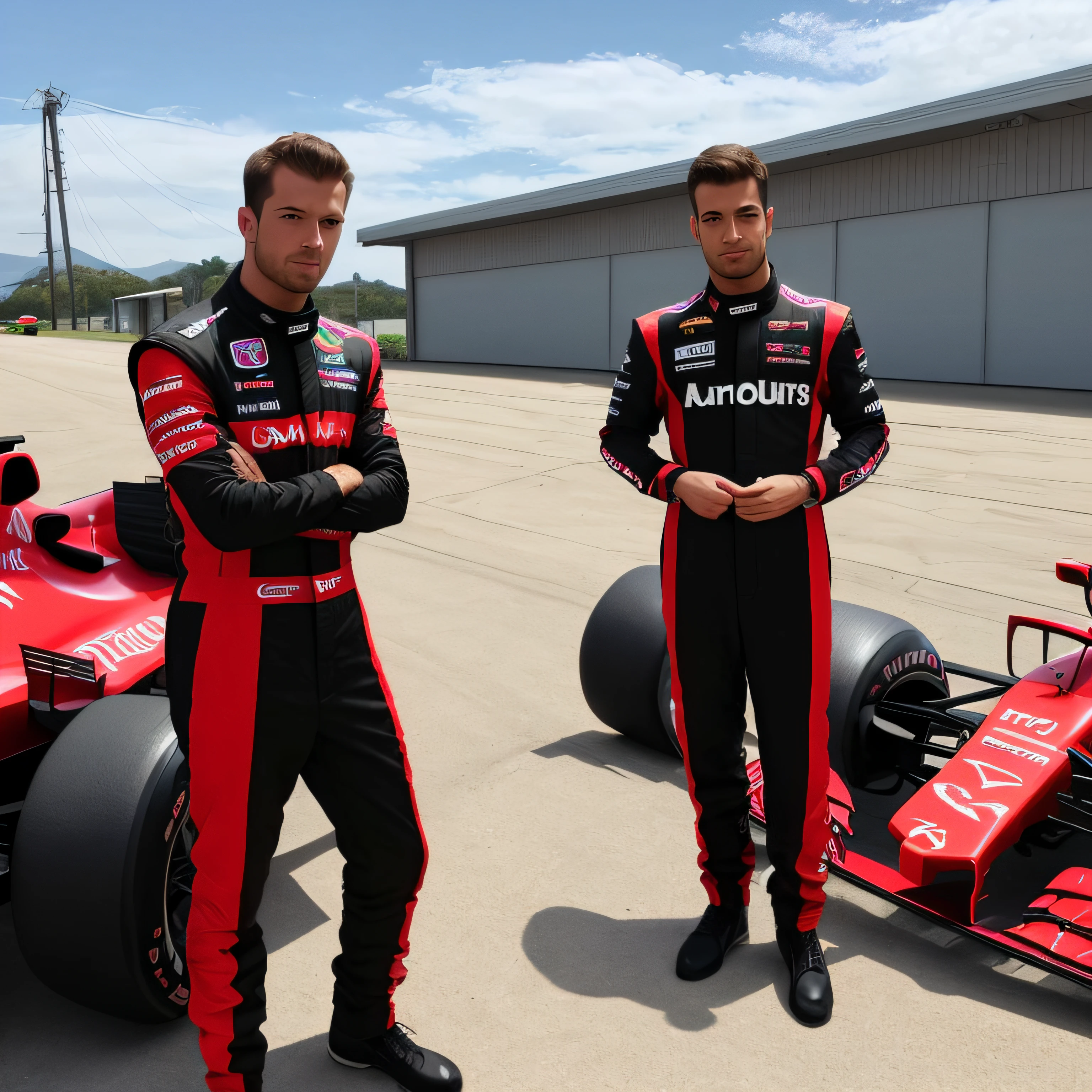 Arms crossed, body at a 45-degree angle to the left, in a black and red F1 jumpsuit. --auto