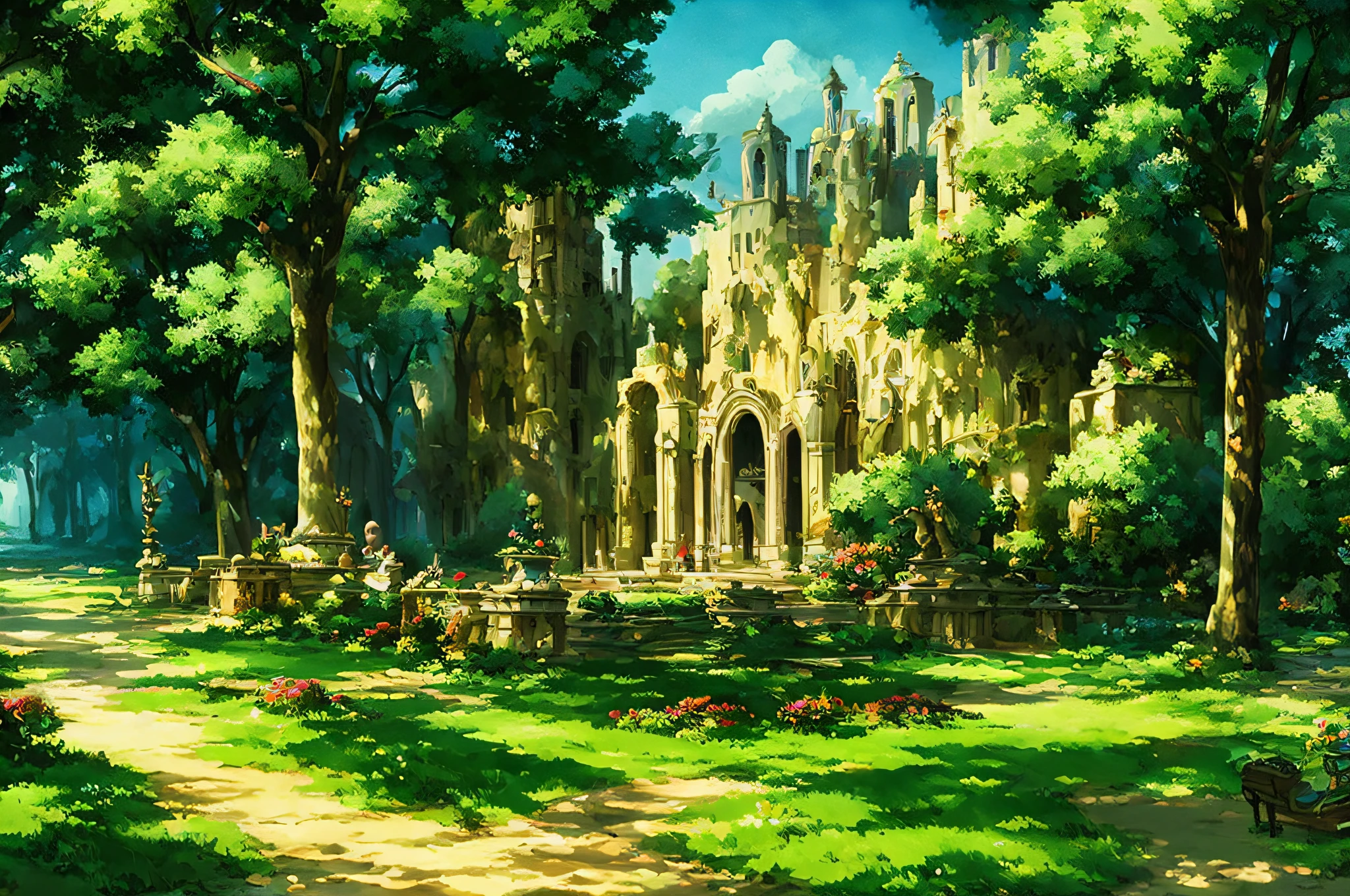 Steampunk World's Fair, Victorian trees and white architecture, beautiful, vivid, sunny, animated movie stills, Ghibli style --auto