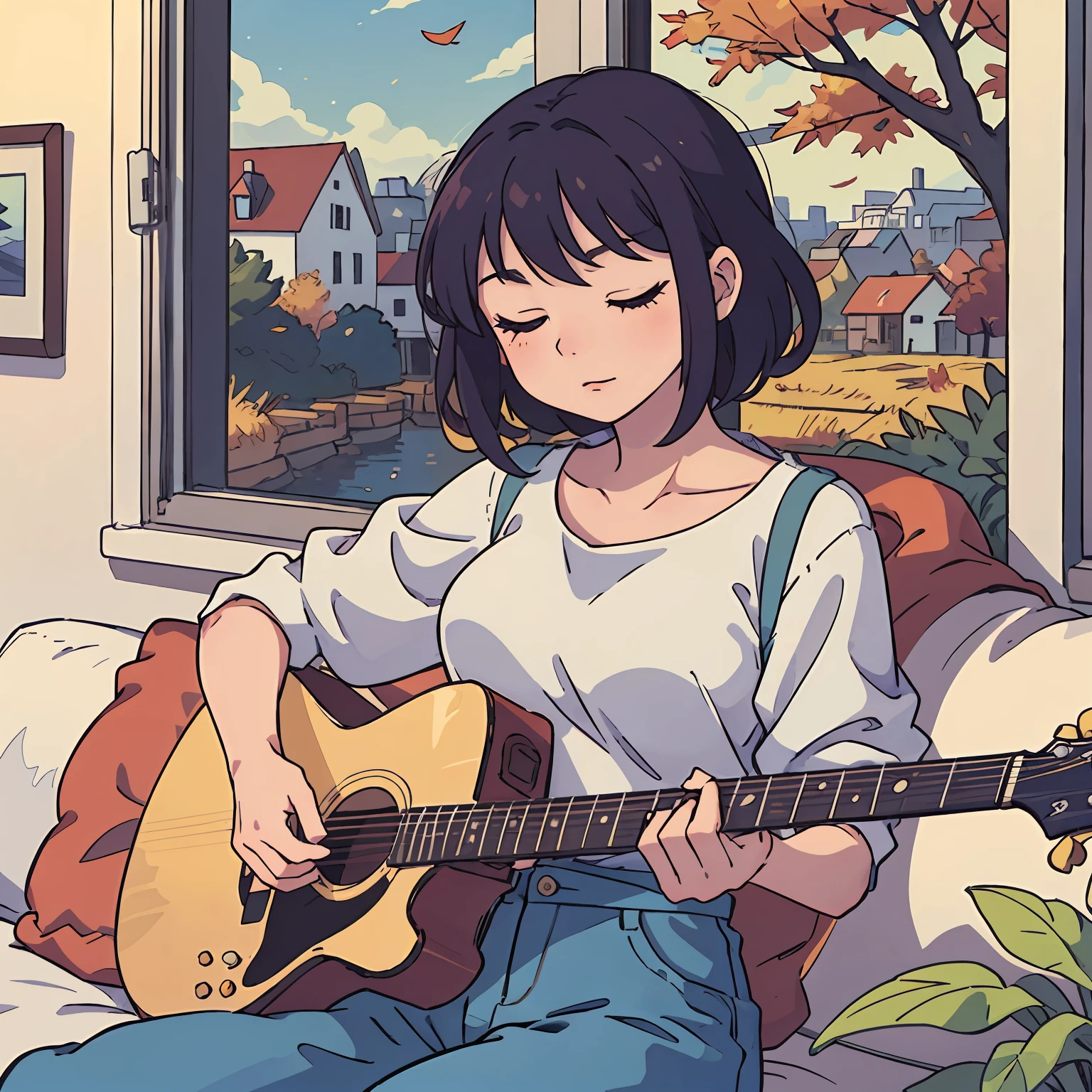 Anime-style woman with comfortable and light clothes with a cold blouse at the waist, in a window looking at the landscape with her eyes closed and playing a guitar, autumn season