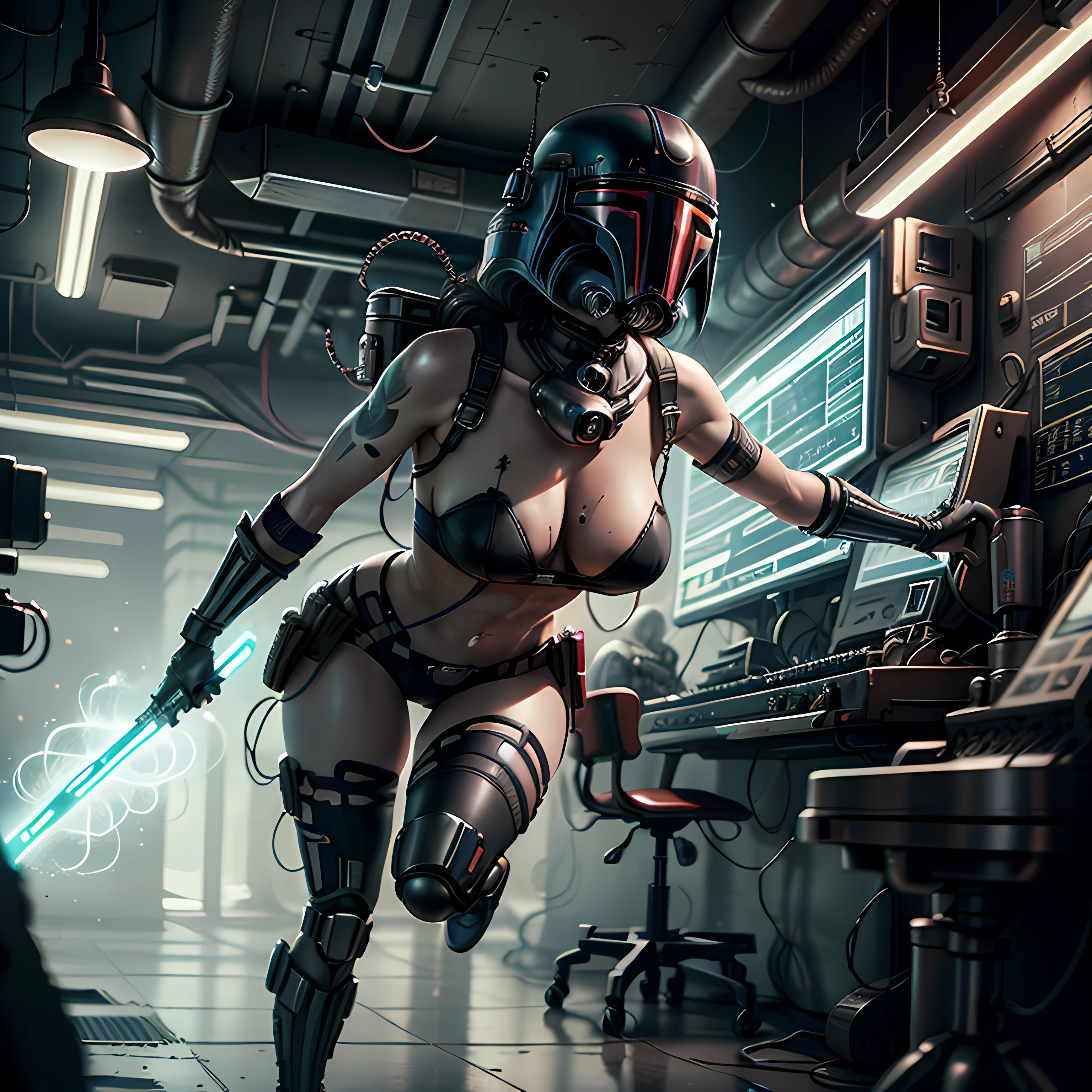 "Artistic Image, The center of this scene is Boba Fett of Star Wars, full body portrait with iconic Star Wars mask. She is seen amidst her high-tech environment, adorned with Star Wars Tattoo art, navel piercing. The image should be a blend of digital illustration and anime, featuring a level of detail that brings the character and scene to life. The Boba Fetts anatomy is athletic, capturing the essence of both freedom and soul. Drawing inspiration from Masamune Shirow, the illustration features sharp focus, smooth transitions, and an underlying watercolor aesthetic. The environment is filled with digital screens and neon lights, adding to the cyberpunk atmosphere.", 35mm, Medium Shot, Studio Lighting, Highly Detailed, Octane Render --auto
