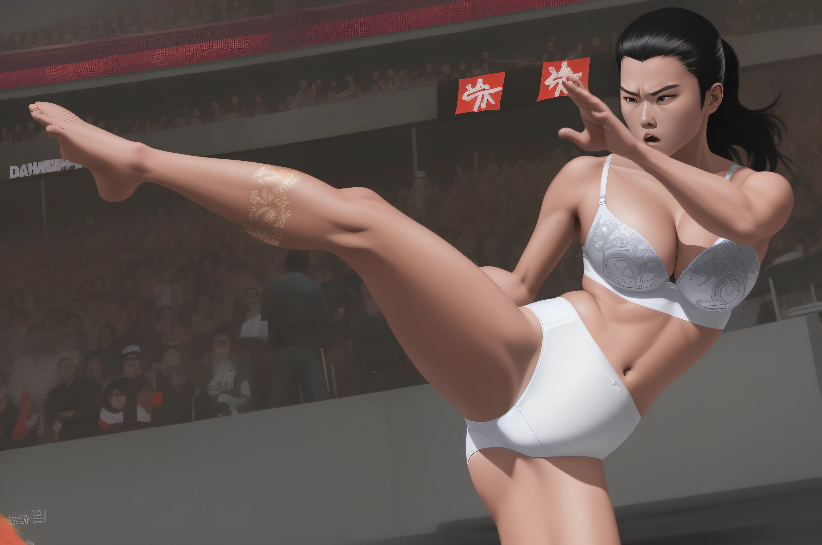 Korean martial arts woman, in white bra, white cotton panties, throwing a high kick, comic book art style, intricate details