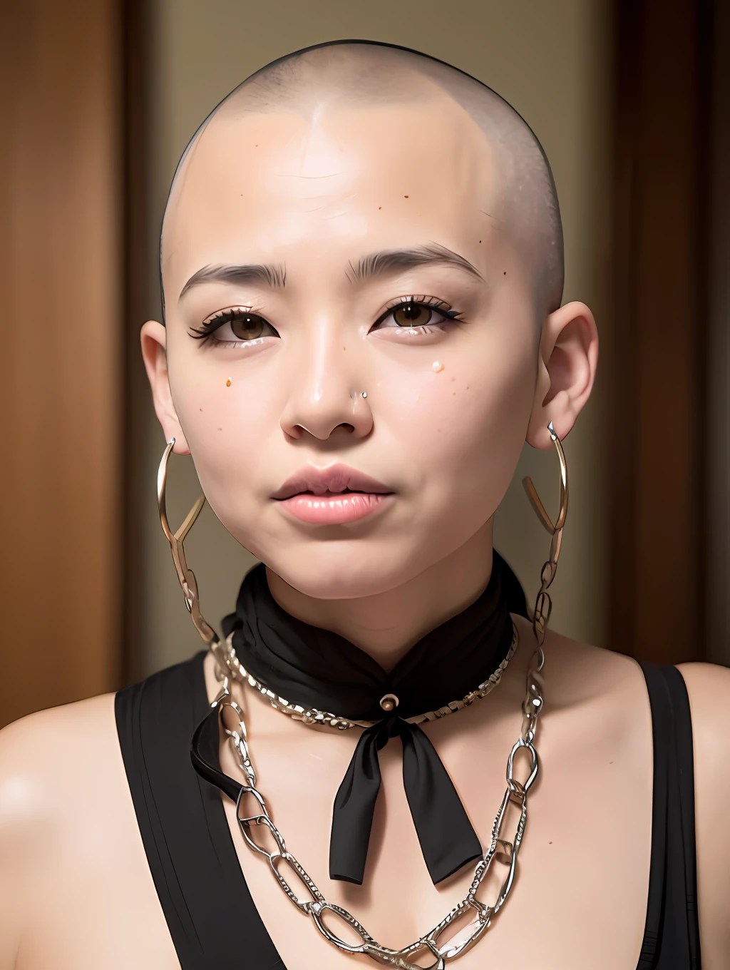 ((Hairstyle is shaved head, skinhead)), (Japan female), age 45 years old, 8K, photorealism, portrait, 85mm lens, depth of field, skin luster is delicate, eyes are brown, eyes are drooping, eyes are slightly apart, lips are plump, chubby, (Yuko Oshima), black corset, mouth slightly open, earlobes and nose connected by chains, collars for large dogs, holding collars, (fair skin), tearful, drooling