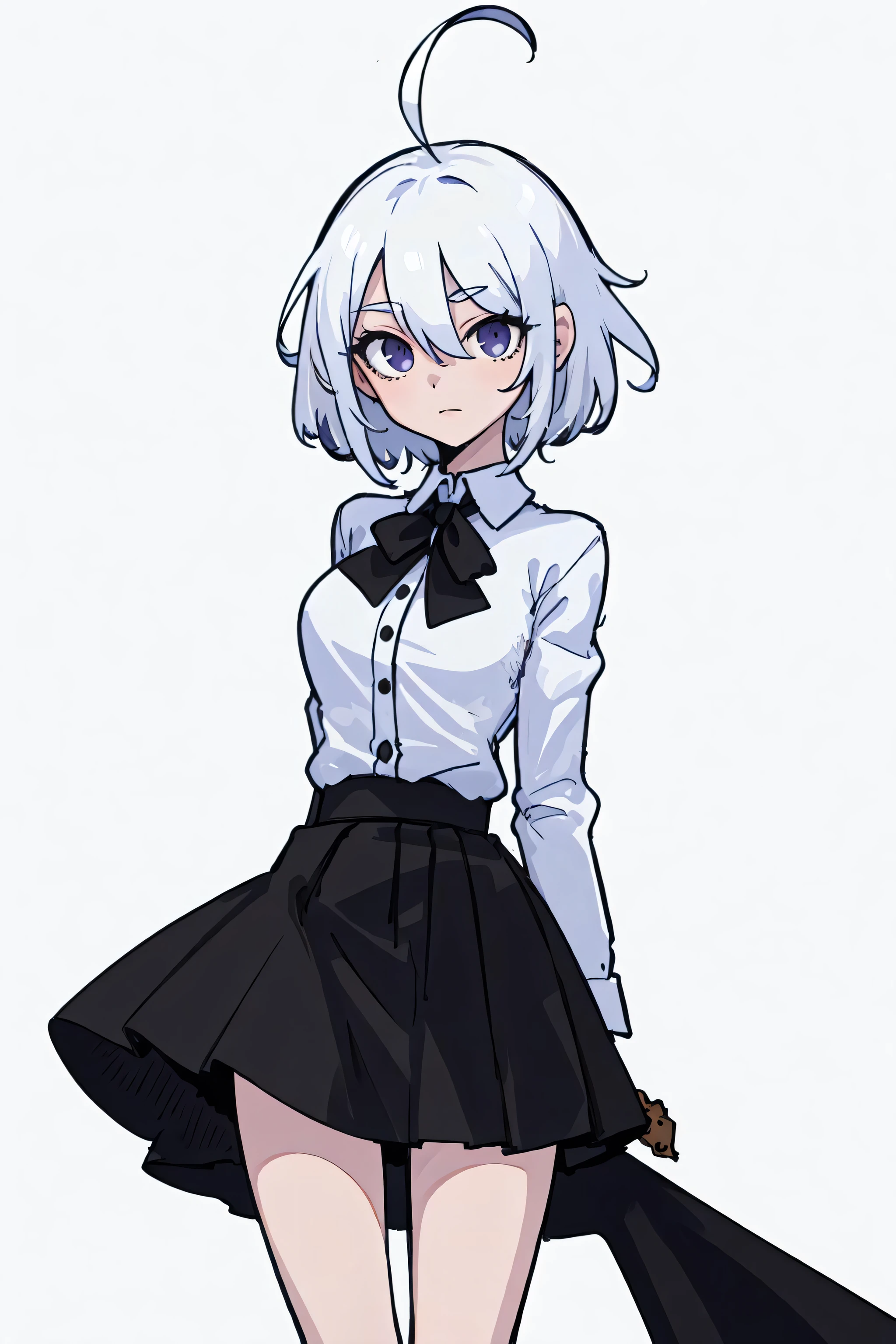 ((masterpiece, best quality)), (1girl), (solo), (female focus), (ahoge, white hair, short hair), black eyes, ((white shirt), (buttoned shirt)), ((black skirt), (short skirt)), standing, white background, arms behind back