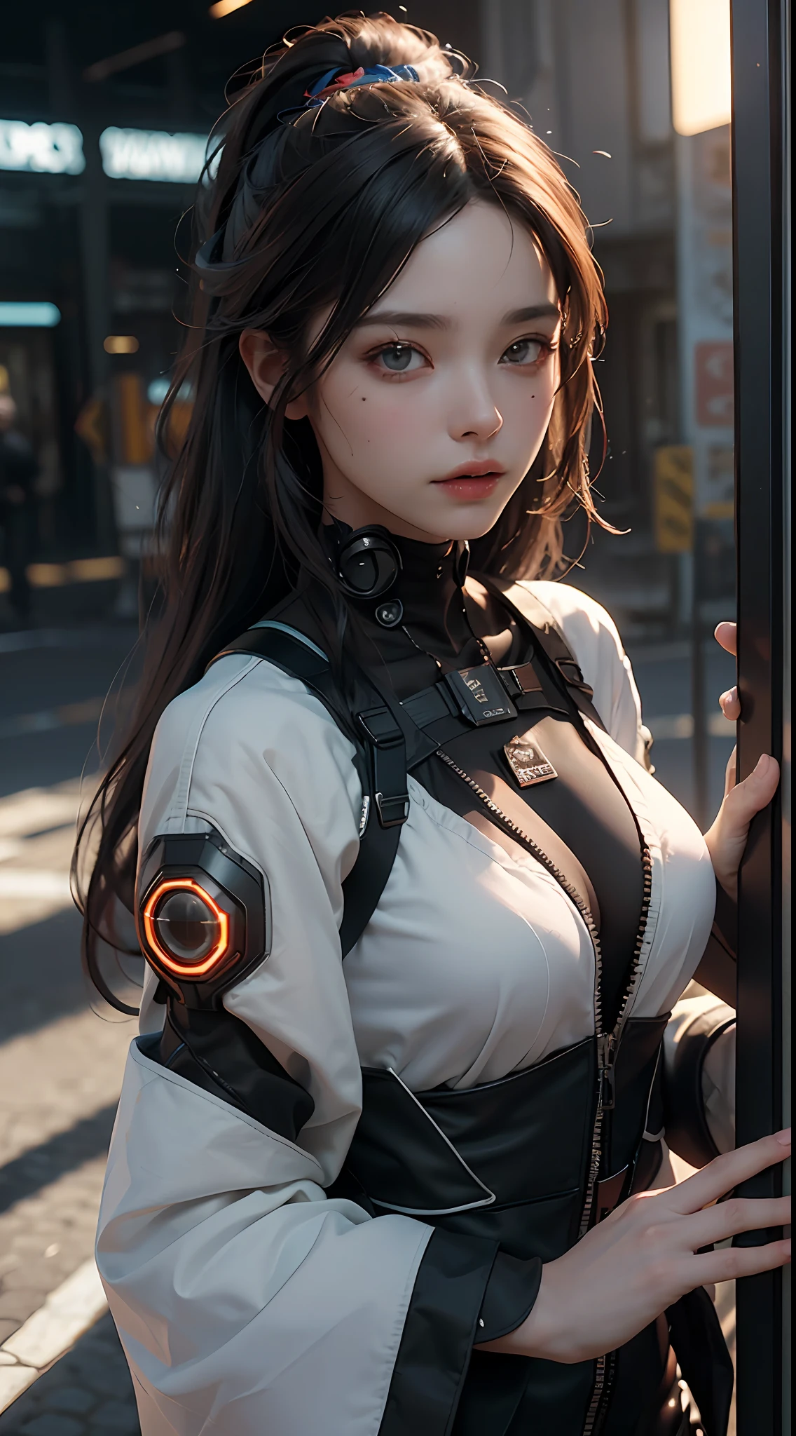 ((Best quality)), ((masterpiece)), (detailed:1.4), 3D, an image of a beautiful cyberpunk female,HDR (High Dynamic Range),Ray Tracing,NVIDIA RTX,Super-Resolution,Unreal 5,Subsurface scattering,PBR Texturing,Post-processing,Anisotropic Filtering,Depth-of-field,Maximum clarity and sharpness,Multi-layered textures,Albedo and Specular maps,Surface shading,Accurate simulation of light-material interaction,Perfect proportions,Octane Render,Two-tone lighting,Wide aperture,Low ISO,White balance,Rule of thirds,8K RAW,