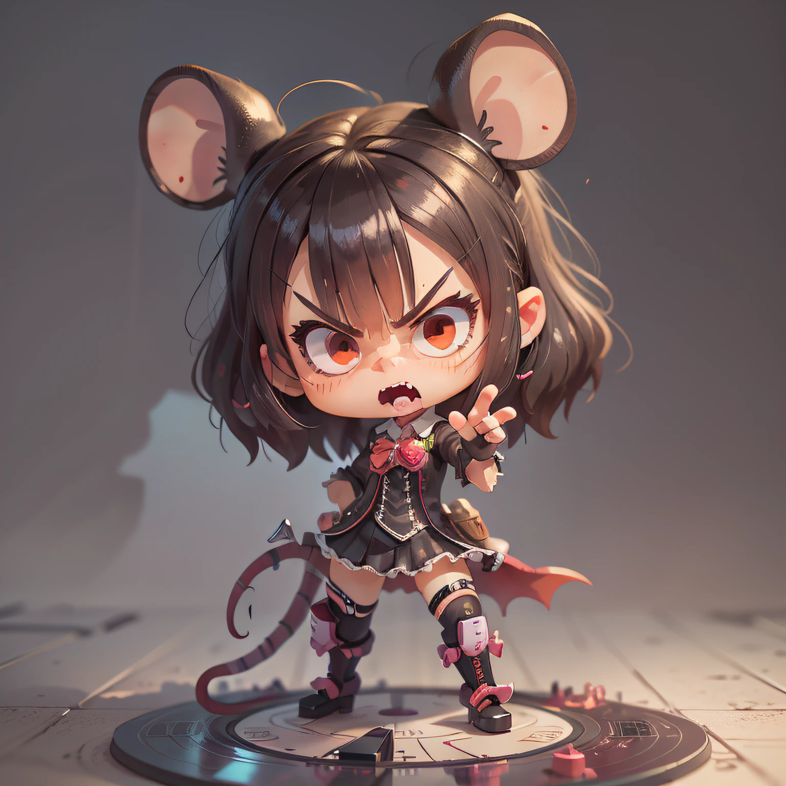 chibi, mouse, cute, vampire, action pose, female, darker background, scary ambience, evil look, angry face, bigbadejo, full body, masterpiece, 3D Rendering, Best Quality, Lots of Detail, (plain background), vinyl toy figurine, (perfect hands), (5 fingers on each hand)
