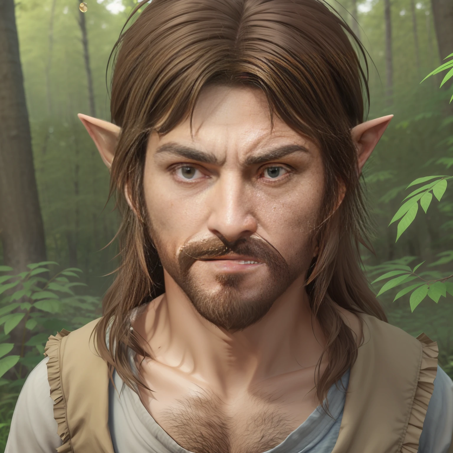 3DMM style, 3D, R3DG, (masterpiece), masterpiece, best quality, portrait of stupid look, druid man, stupid face, ugly face, pointed ears, in the woods, stupid face, brown hair, old clothes, very stupid funny face, fool
