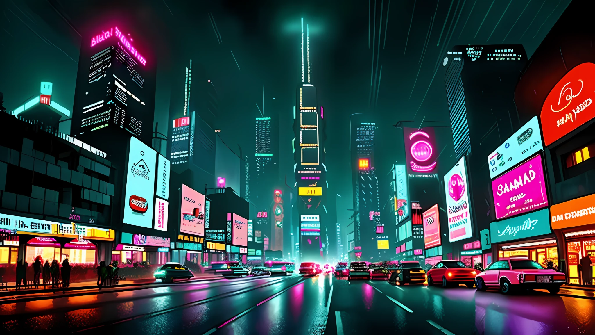 ((In the style of Blade Runner)), futuristic, neon-lit, bustling metropolis at night, flying cars, skyscrapers piercing the clouds, vibrant colors, retro-futuristic architecture, glowing holographic billboards, smooth roads, reflective surfaces, pulsating music, cyberpunk aesthetics