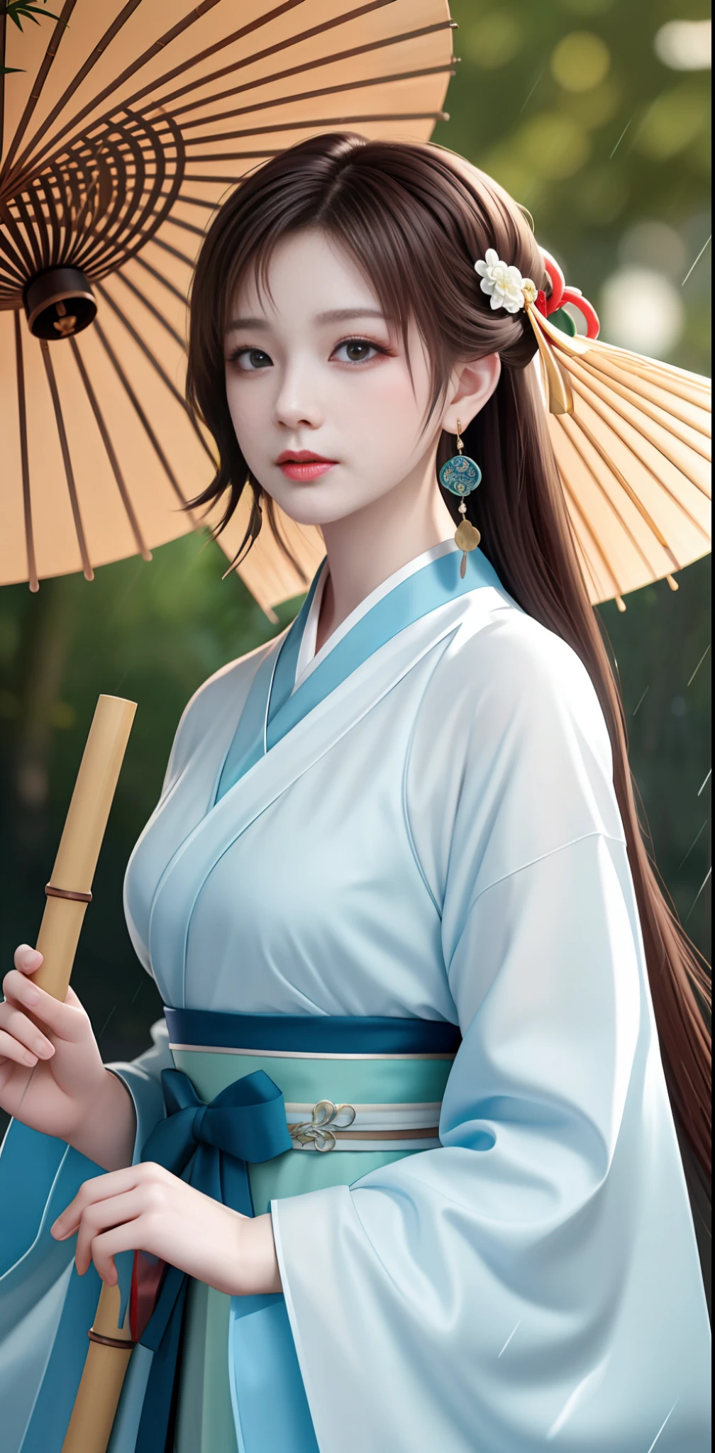 Masterpiece, extremely detailed CG unity 8k wallpaper, 1 girl, beautiful, realistic, blur, blurred background, blurred foreground, bamboo forest, depth of field, earrings, jewelry, nose, realistic, solo, hanfu, holding oli paper umbrella, rain
