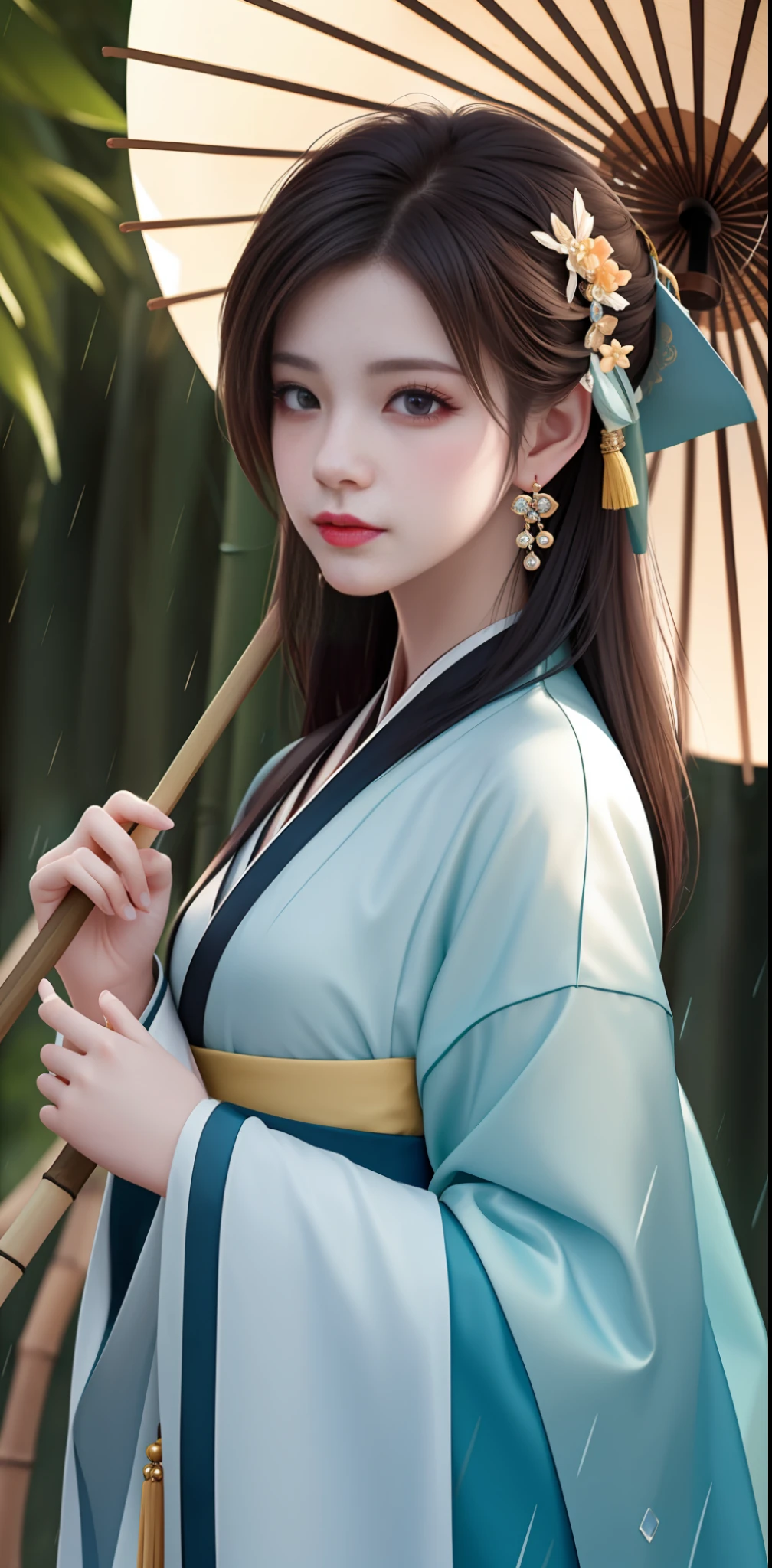 Masterpiece, extremely detailed CG unity 8k wallpaper, 1 girl, beautiful, realistic, blur, blurred background, blurred foreground, bamboo forest, depth of field, earrings, jewelry, nose, realistic, solo, hanfu, holding oli paper umbrella, rain