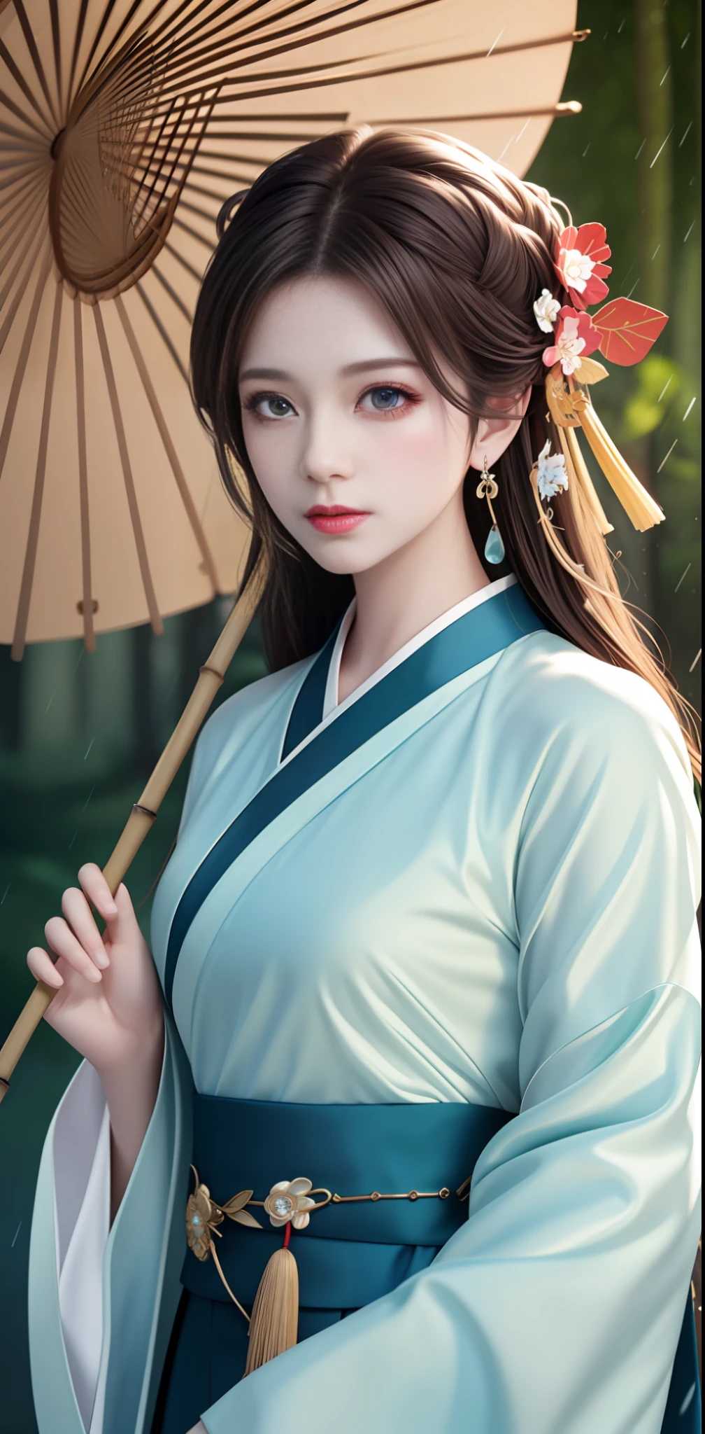 Masterpiece, extremely detailed CG unity 8k wallpaper, 1 girl, beautiful, realistic, blur, blurred background, blurred foreground, bamboo forest, depth of field, earrings, jewelry, nose, realistic, solo, hanfu, holding oli paper umbrella, rain