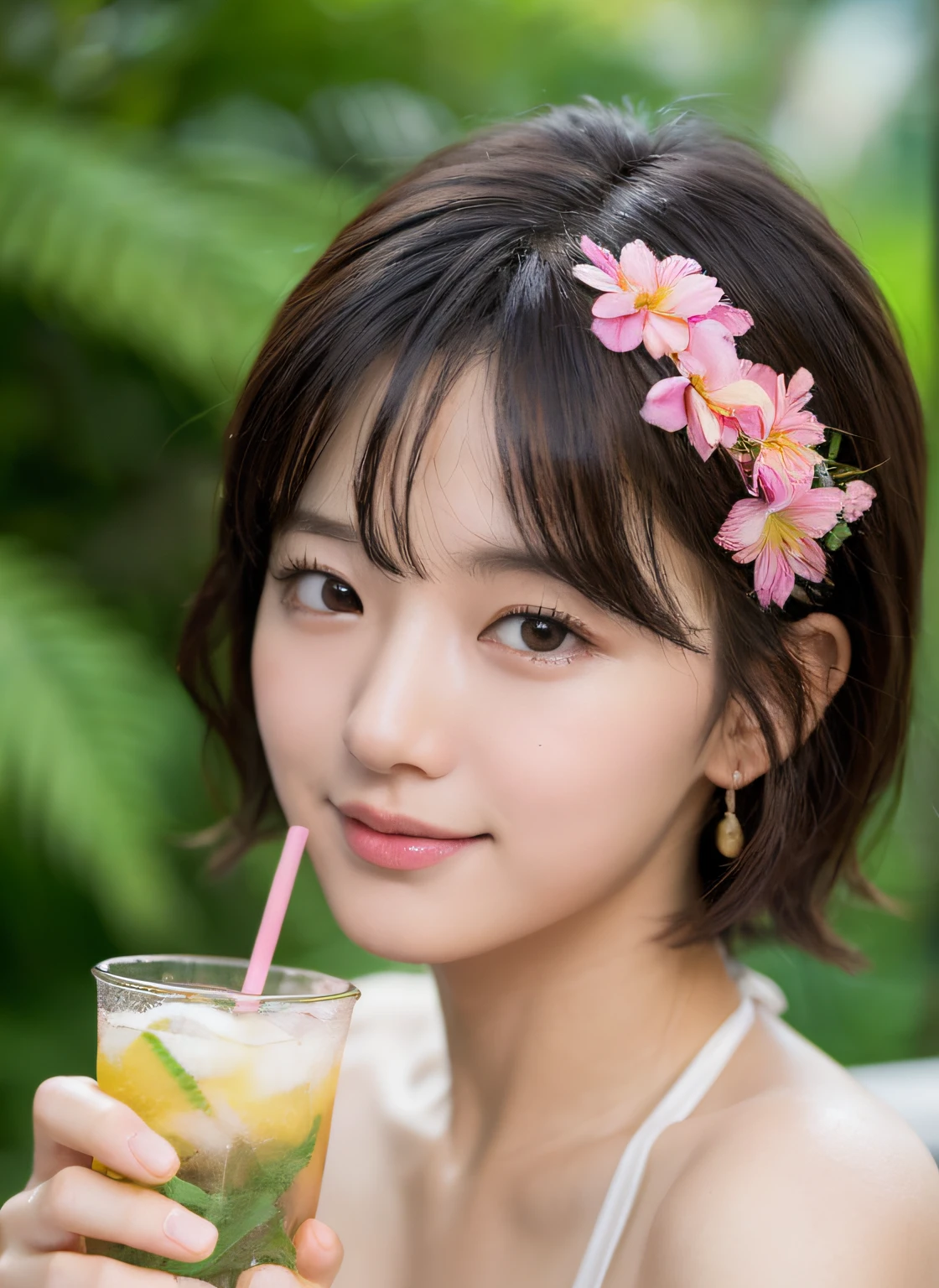 Top Quality, Photorealistic, 8K, High Definition, Girls with Baby Faces, (Skindentation), (Portrait: 0.6), (Poolside Background: 1.2)), Look Straight Viewer: 1.6, (1 Viewer's Eyes, Short Length Hair, Black Hair, Bangs: 1.2), Photorealistic, (Bokeh), (((Closed Mouth)), Gorgeous, Smile, Sparkling White Skin, very small pink floral bikini, from the waist up, tropical drink,