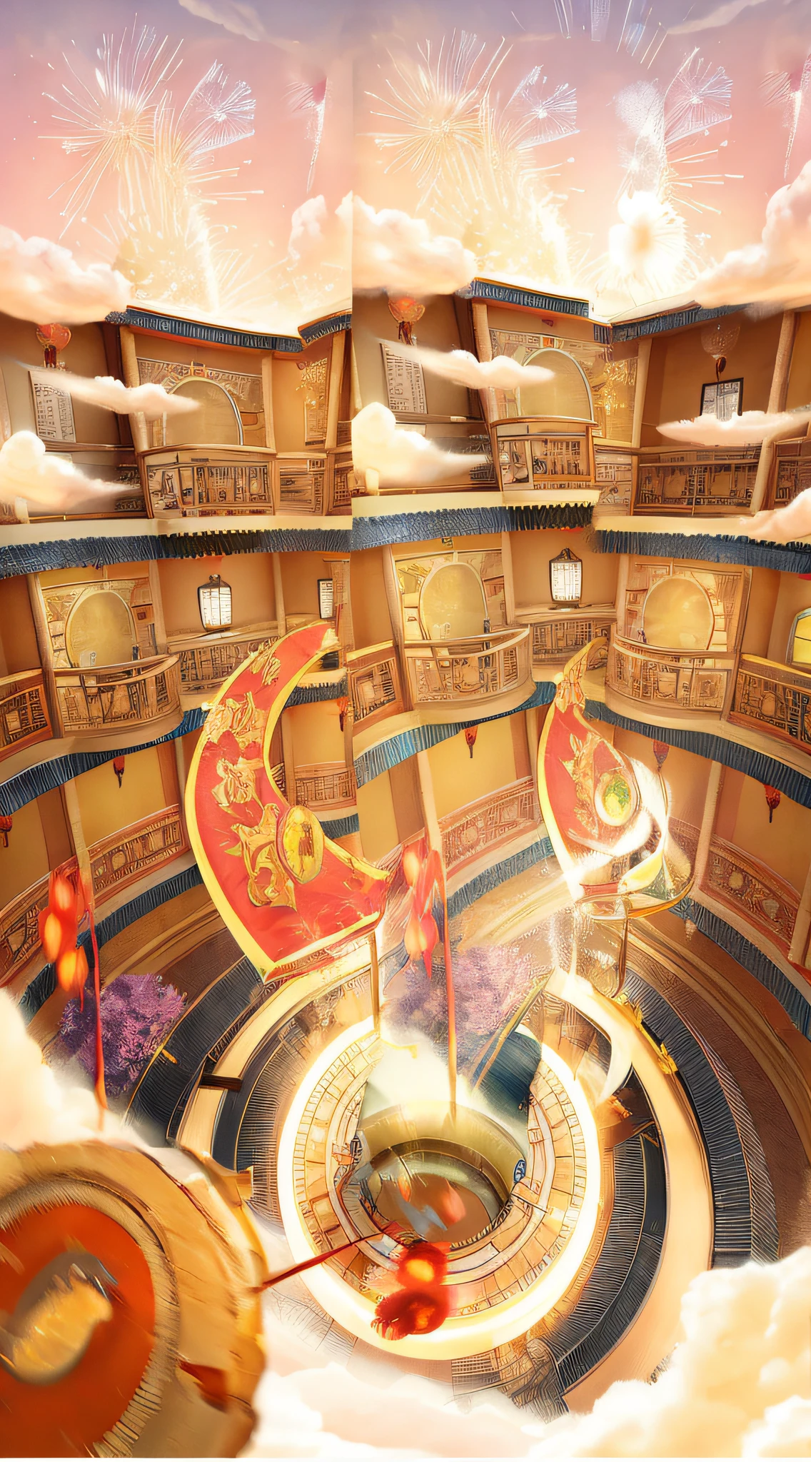 Illustration, 8K, HD large picture, round room, inspired by ancient swords falling from the beginning, surrounded by a room surrounded by a circular disc, pink sky