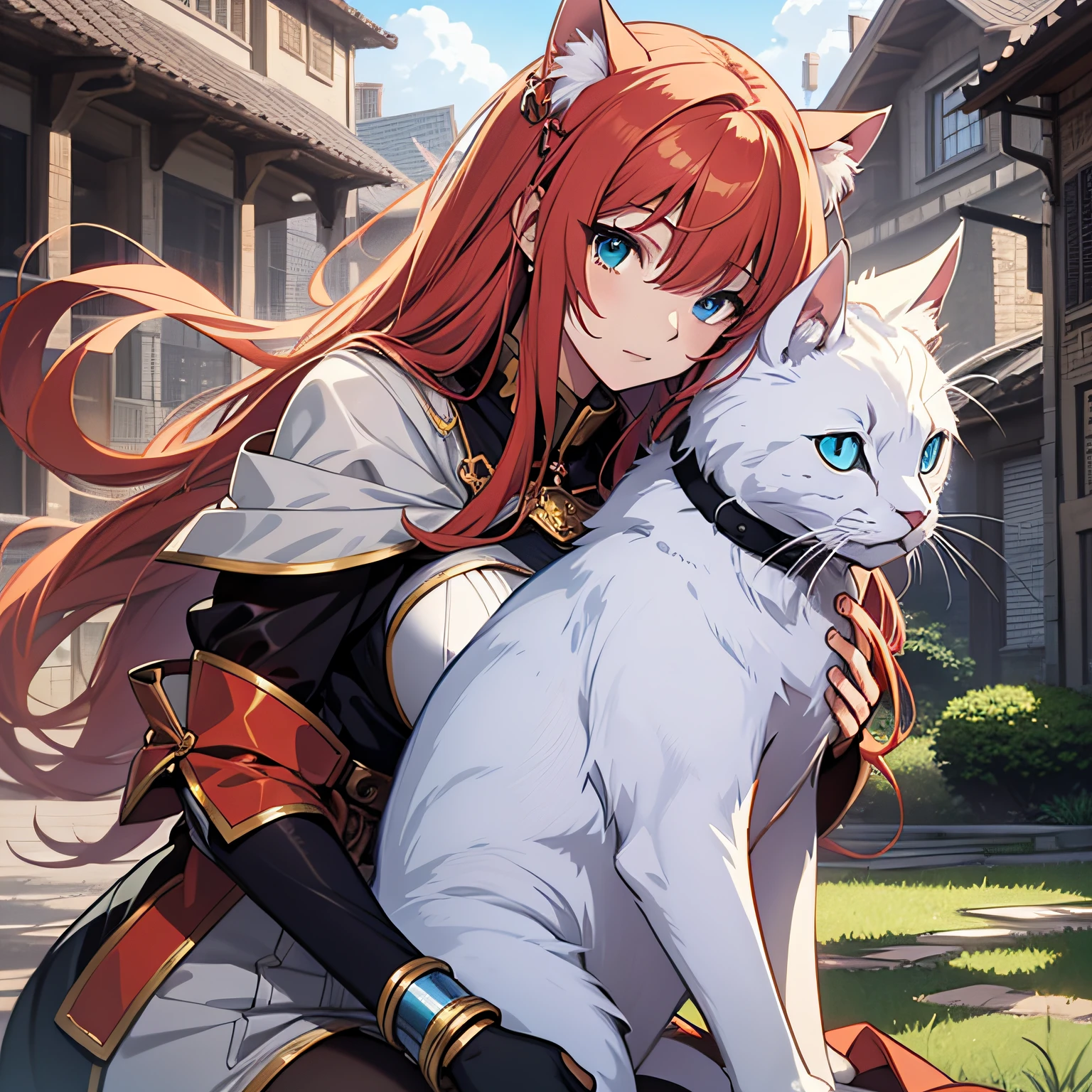 Anime girl with red hair and blue eyes holding a white cat, boudica(fate) as a royal person, she has red hair, zerochan art, red haired goddess, digital art in pixiv, | Fine detail anime, high quality anime art, 'beautiful woman anime, advanced digital anime art