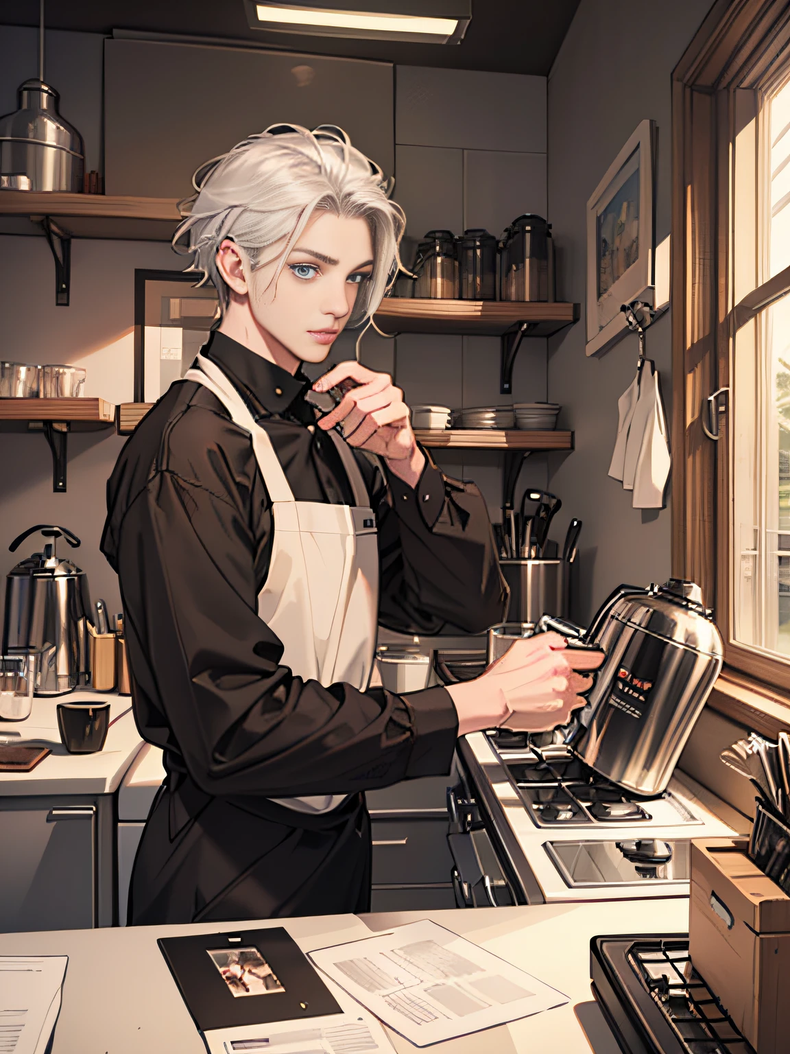 Realism, (best quality, masterpiece: 1.3), delicate eyes and delicate face, 25 years old, coffee machine, kitchen, single mature male, tall thin man, silver hair, blue eyes,
