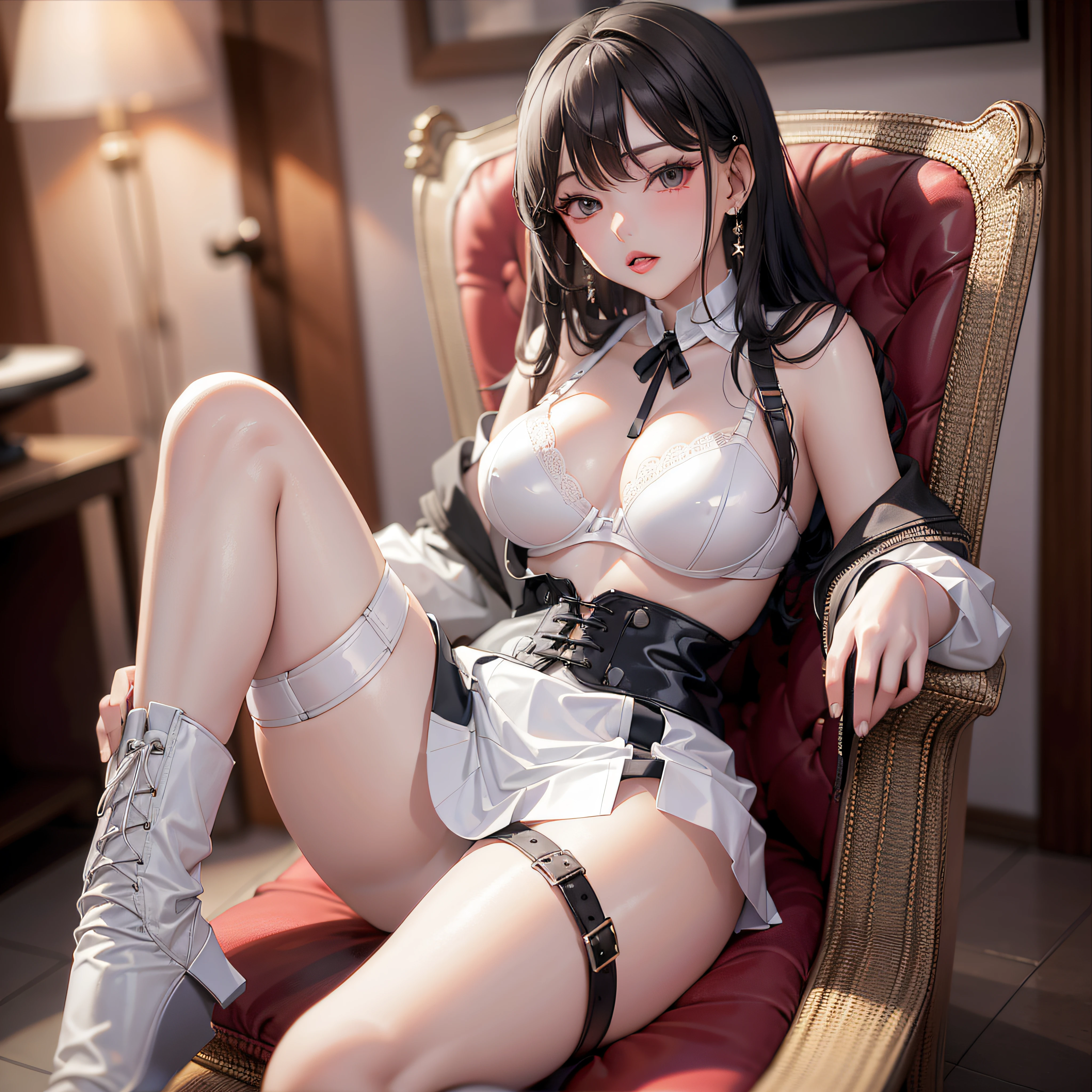 a sexy and beauty black girl 20 years old using white latex bra and white latex skirt in sexy siting in red chair pose with open legs, using boots with laces and cords showing partialy your feet