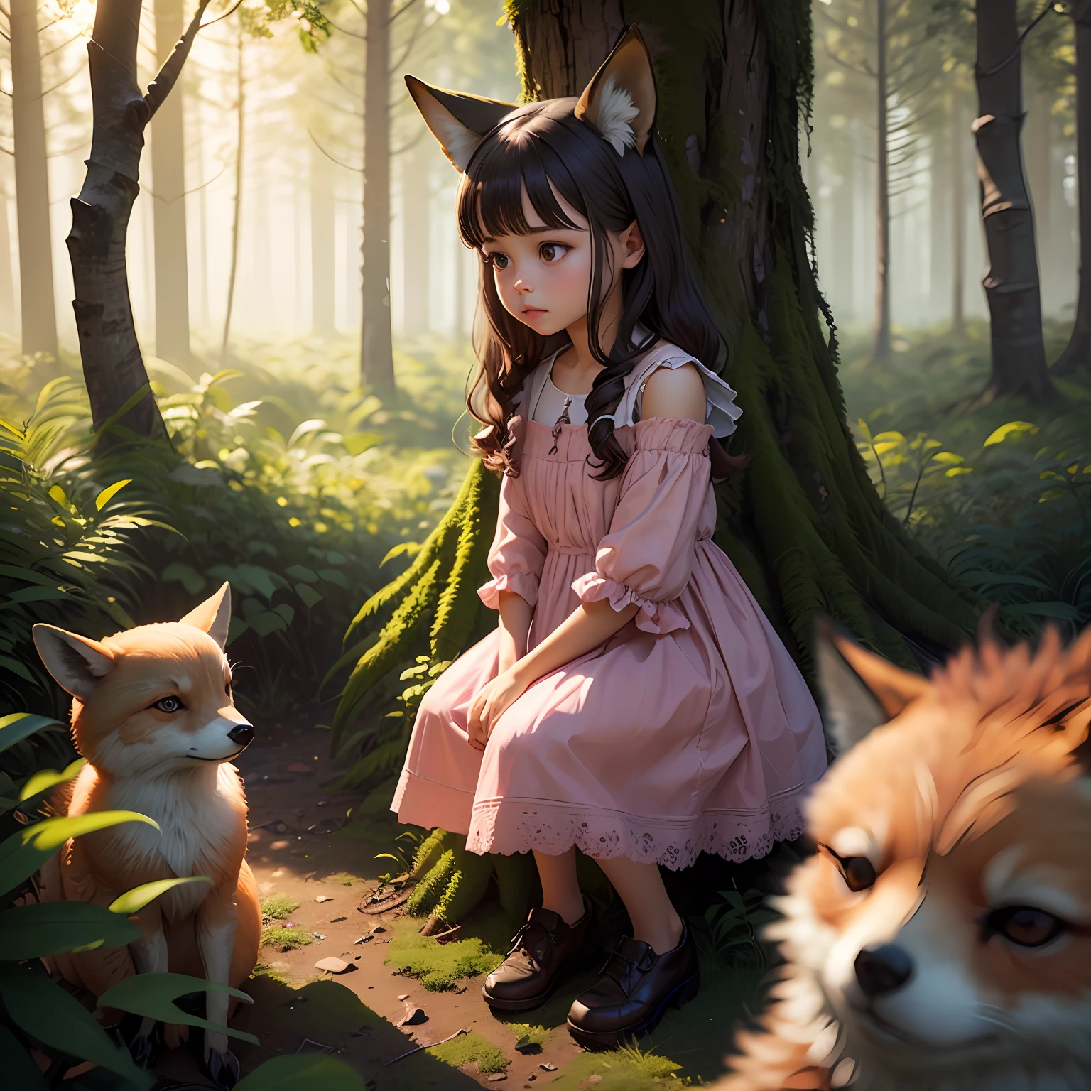 girl in a pink dress in the forest, lovely digital painting, realistic forest, children's art, she and a Fox, Owl and Bear, depicted as a 3d render, beautiful detailed digital art, realistic scene, children's book illustration