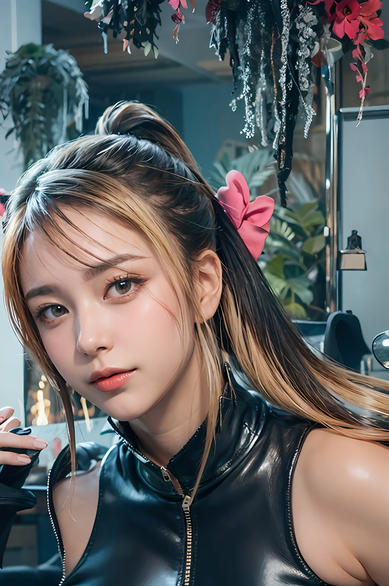 Sleeveless, photorealistic, high resolution, 1 girl, colorful hair color, Korean, cowboy shot, sleeveless, dark blue leather bodysuit, blonde, ponytail, center zipper