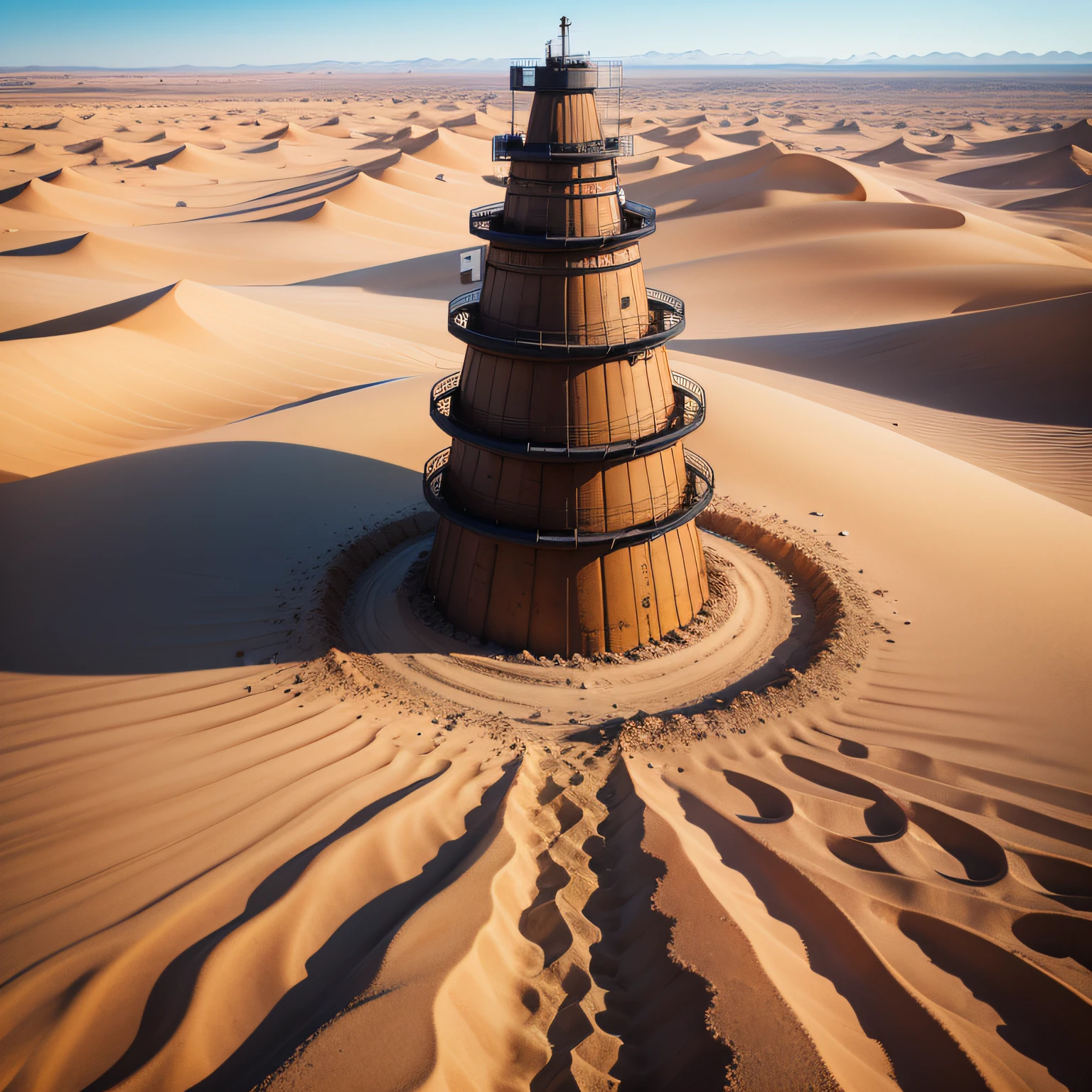 A flat desert full of sand, an oil well doing extraction, and wrapped around the oil well, to the horizon full of barrels of black oil, realistic 4K image on a day of blue sky and lots of sun --auto