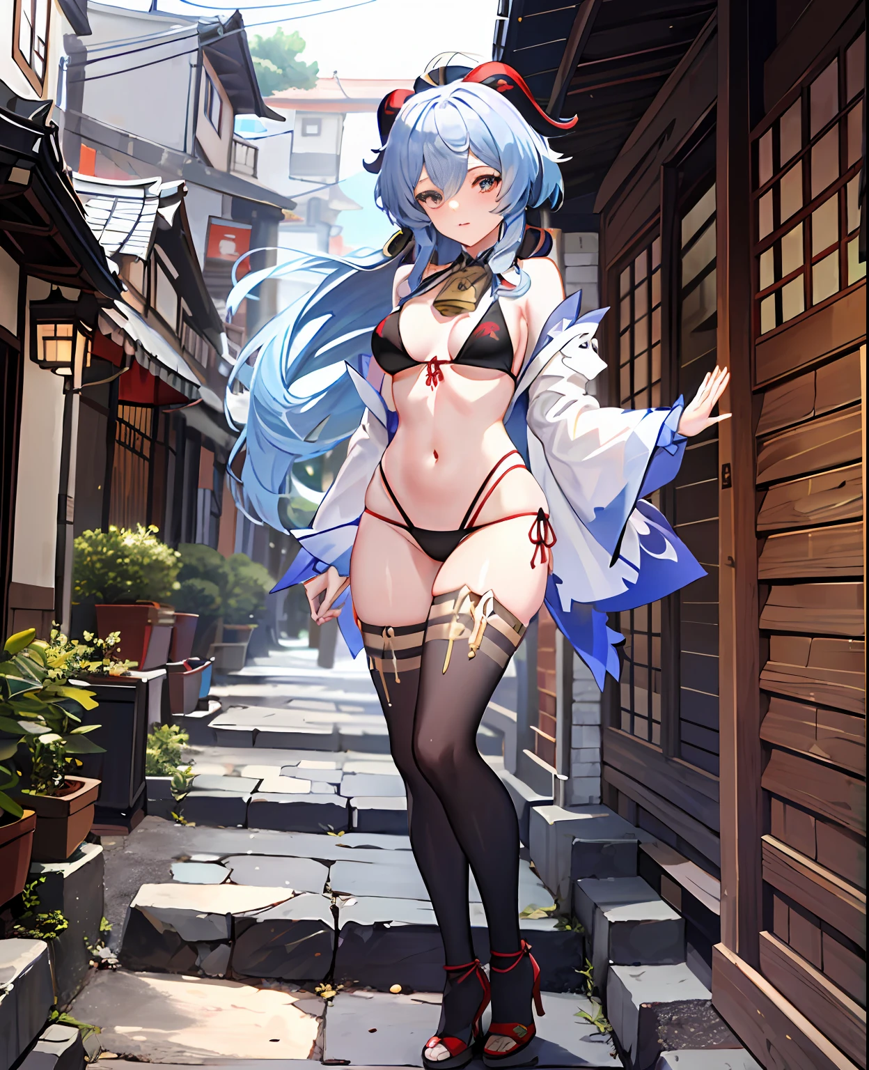 Genshin, Ganyu, bikini, thong, leg loops, blue stockings, high heels