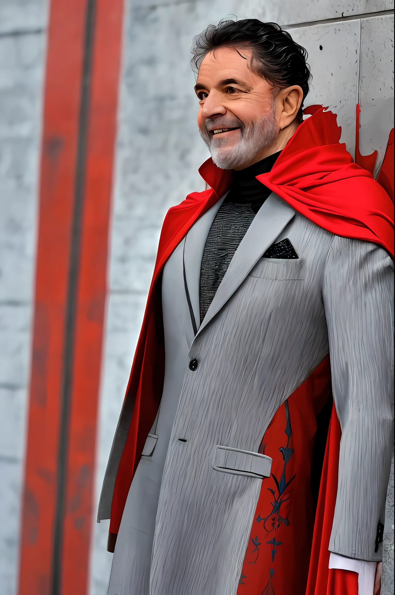 Luiz Inácio Lula da Silva as Superman, 55s years old, all details black and red suit, red cape, hair tension covering forehead, short cut hair, neat hair, tall, manly, hunk body, muscular, medium black hair, best quality, high resolution: 1.2, masterpiece, raw photo, dark background, detailed suit, detailed face, upper body photo