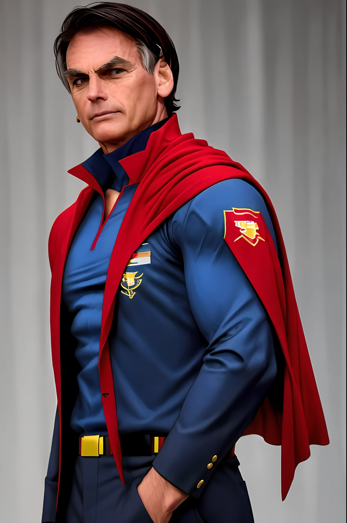 Jair Bolsonaro as Superman, 55s years old, all details black and red suit, red cape, hair tension covering forehead, short cut hair, neat hair, tall, manly, hunk body, muscular, medium black hair, best quality, high resolution: 1.2, masterpiece, raw photo, dark background, detailed suit, detailed face, upper body photo