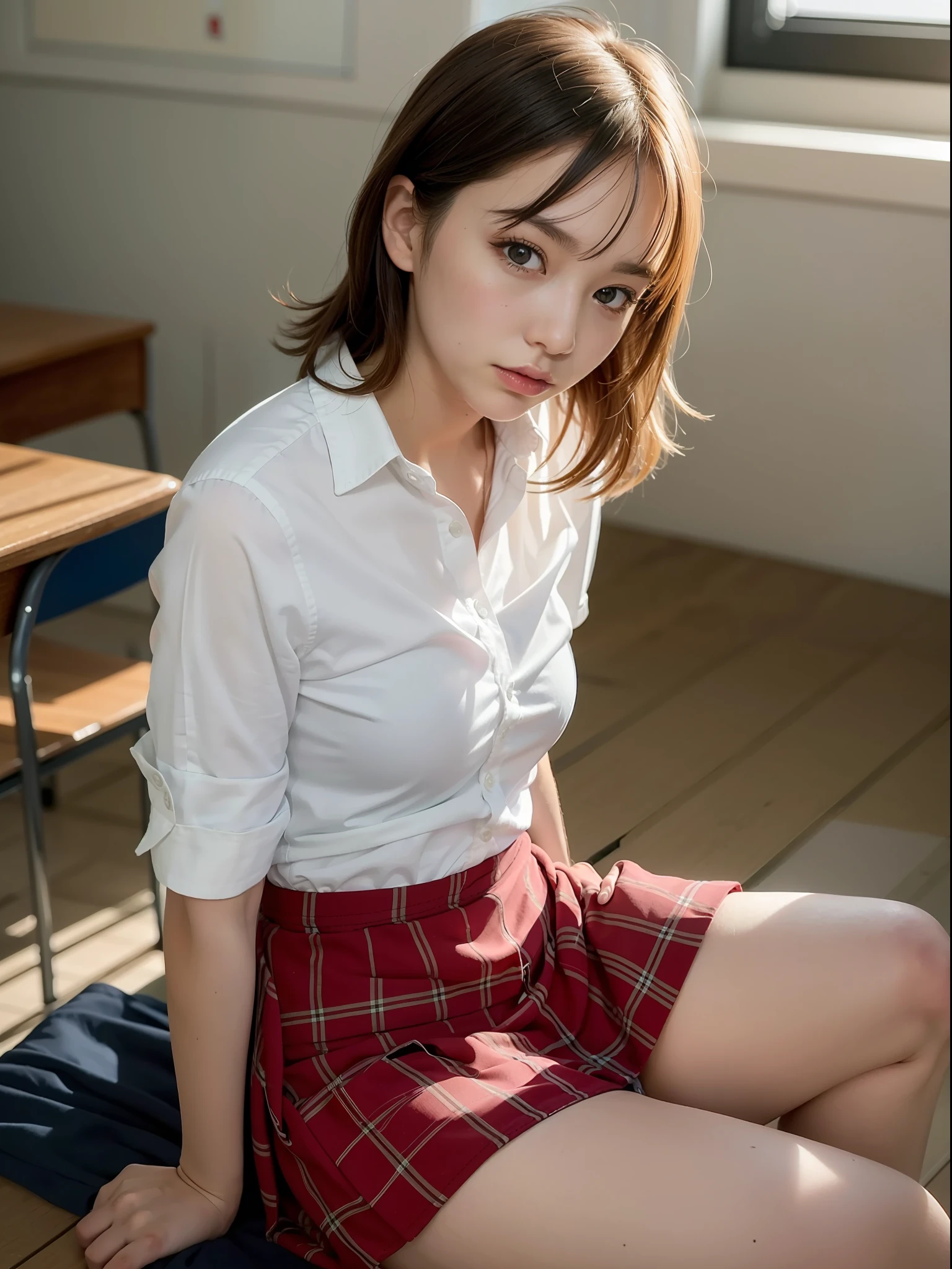 ((Best quality, 8k, Masterpiece: 1.3, raw photo)), Sharp focus: 1.2, (1 aespa girl: 1.2), (realistic, photo-realistic:1.37), (face focus: 1.1), cute face, kindness, small breasts, flat chest, short messy hair, sitting, spread legs, white summer casual shirt, she is rolling up her skirt, showing panties, classroom, sunlight, cinematic lighting