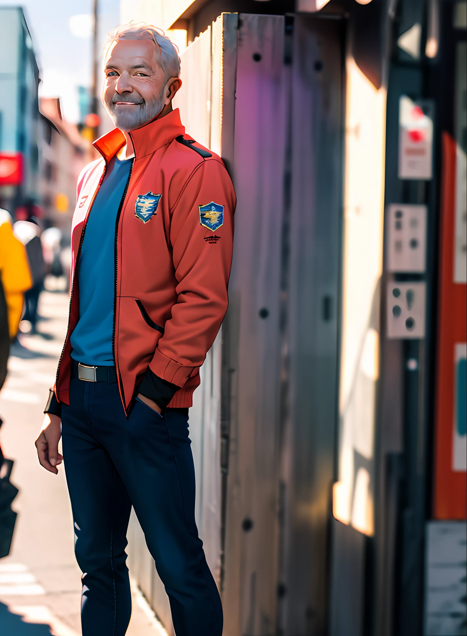 a full-body portrait of a man Luiz Inácio Lula , wearing a Superman outfit, detailed face, (perfect eyes), (highly detailed skin: 1.1) , professional photography, soft lighting, photorealistic, sunny, standing on a city street background, depth of field, RAW,, sharp focus, 8k, HD, high resolution, DSLR, high quality, Fujifilm XT3, film grain,  award-winning, masterpiece
