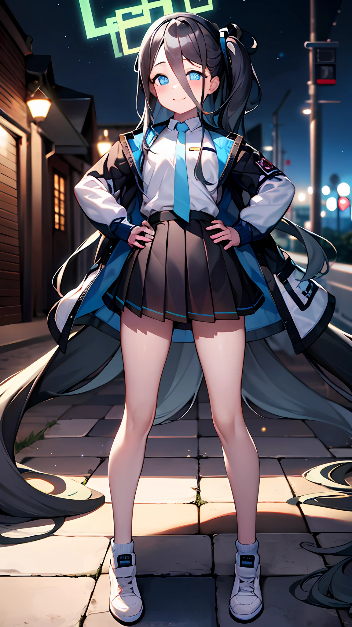 pureerosface_v1:0.66), best quality, ultra high definition, (photorealistic: 1.4), one girl, fine eyes, dark-eyed makeup, slim waist, blush, K-pop idol, (charm: 1.0), fine-eyed makeup, puffy eyes, solo, perfect anatomy, (big), (slender), (black hair: 1), (watch viewers). (original_alice), (light blue tie), (marine blue eyes), (zhuo),(alice_halo:0.7),(blue halo),(smile),(happy),(pigtails),(long hair),(long bangs),(blue archive),(black hair band),(long coat),(school uniform),(white long-sleeved shirt),(pleated skirt),(navy blue skirt), Depth of field, facial details, skin luster, beautiful eyes, dark eye makeup, slim waist, blush, fine eye makeup, solo, perfect anatomy, hands on hips, chest out, night, room.