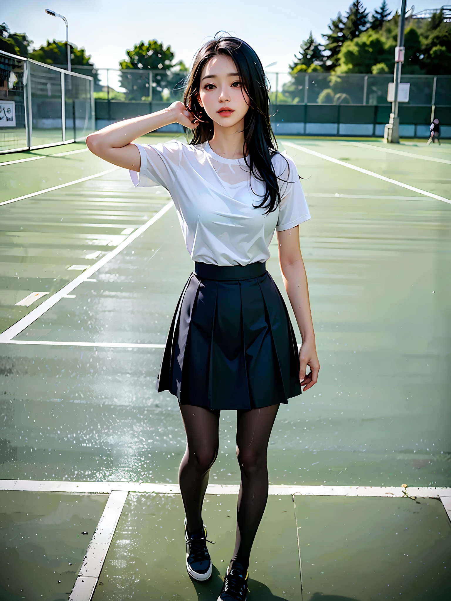 (8k, Best Quality, Masterpiece: 1.2), (Realistic, Realistic: 1.37), Ultra Detailed, Best Quality, Ultra High Resolution, Professional Lighting, Photon Mapping, Radiosity, Physically Based Rendering, Cinematic Lighting, Clear sky, basketball court, depth of field, clear focus, sunlight, good composition, (Bokeh: 1.2) 1girl, single person, (full body), (closed mouth), beautiful detailed eyes, pose, narrow waist, tennis skirt, tennis skirt, tennis clothes, black hair, messy hair, long hair blowing in the wind, (ulzzang-6500:1.2), pantyhose, (rain, perspective, wet shirt, wet hair, wet clothes: 1.2 ),