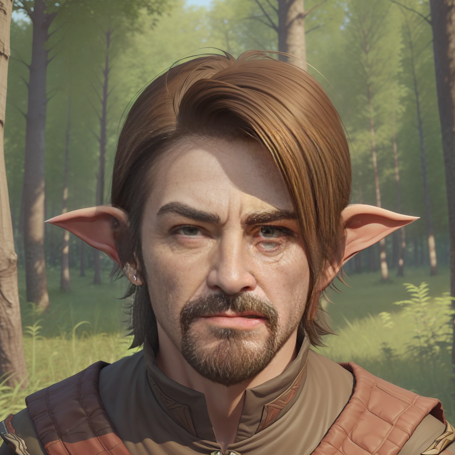 3DMM style, 3D, R3DG, (masterpiece), masterpiece, best quality, portrait of stupid look, druid man, stupid face, ugly face, pointed ears, in the woods, stupid face, brown hair, old clothes, very stupid funny face, fool, ears sharp, ugly face, disgusting face
