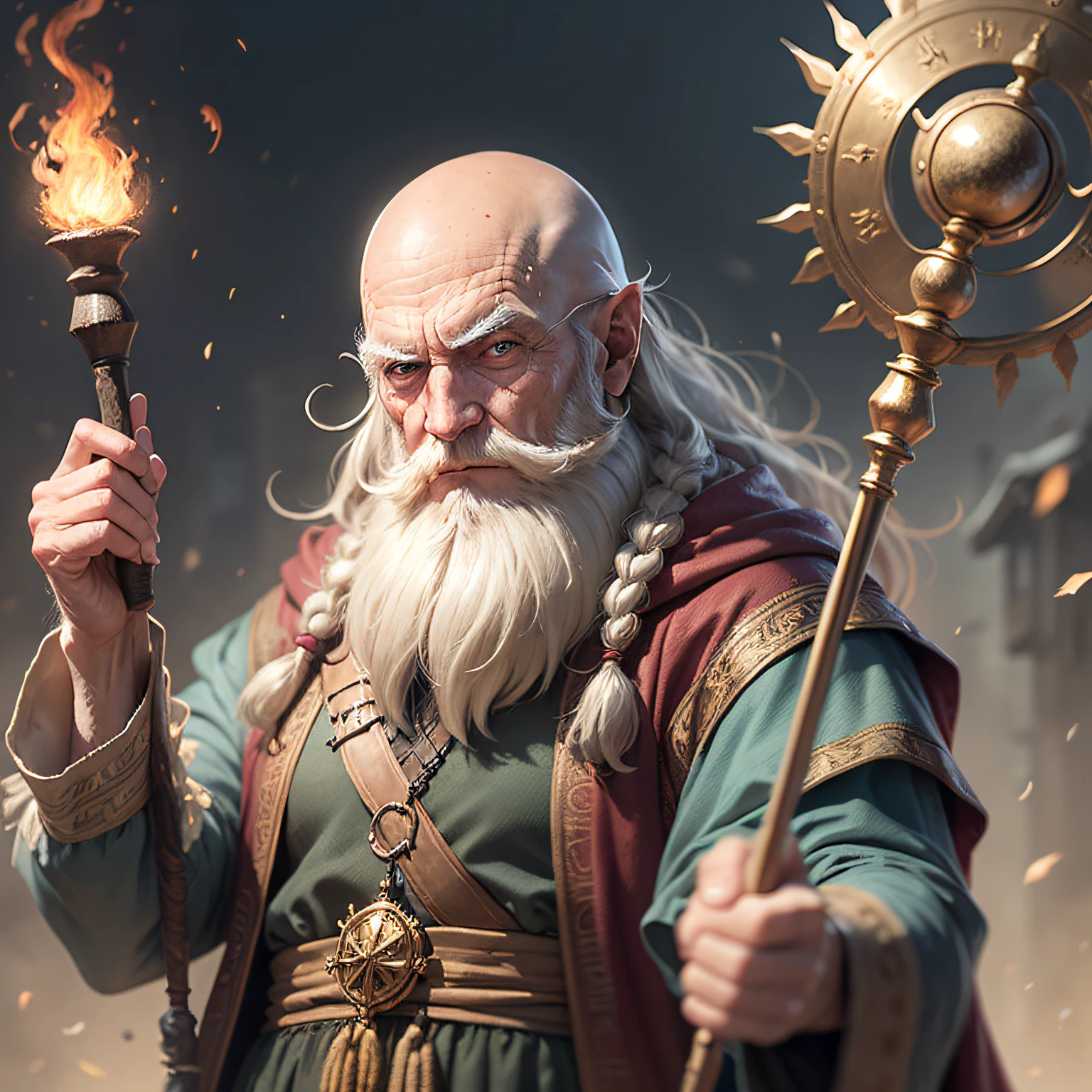 Create the image of an old wizard who controls the elements, he has the lean body and appearance of 85 years old, he is of the human race, ethnic Caucasian, has a large and poorly groomed beard, has the top of the bald head but has long hair on the sides, his clothes are old and he holds a staff.