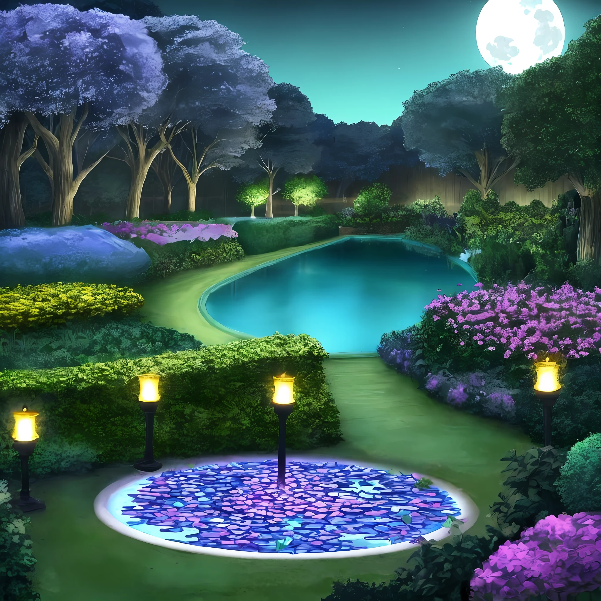Night landscape of a garden under the light of a bright moon in a shade that mixes light blue with purple, near the plantation there is a small lake in the shape of a circle