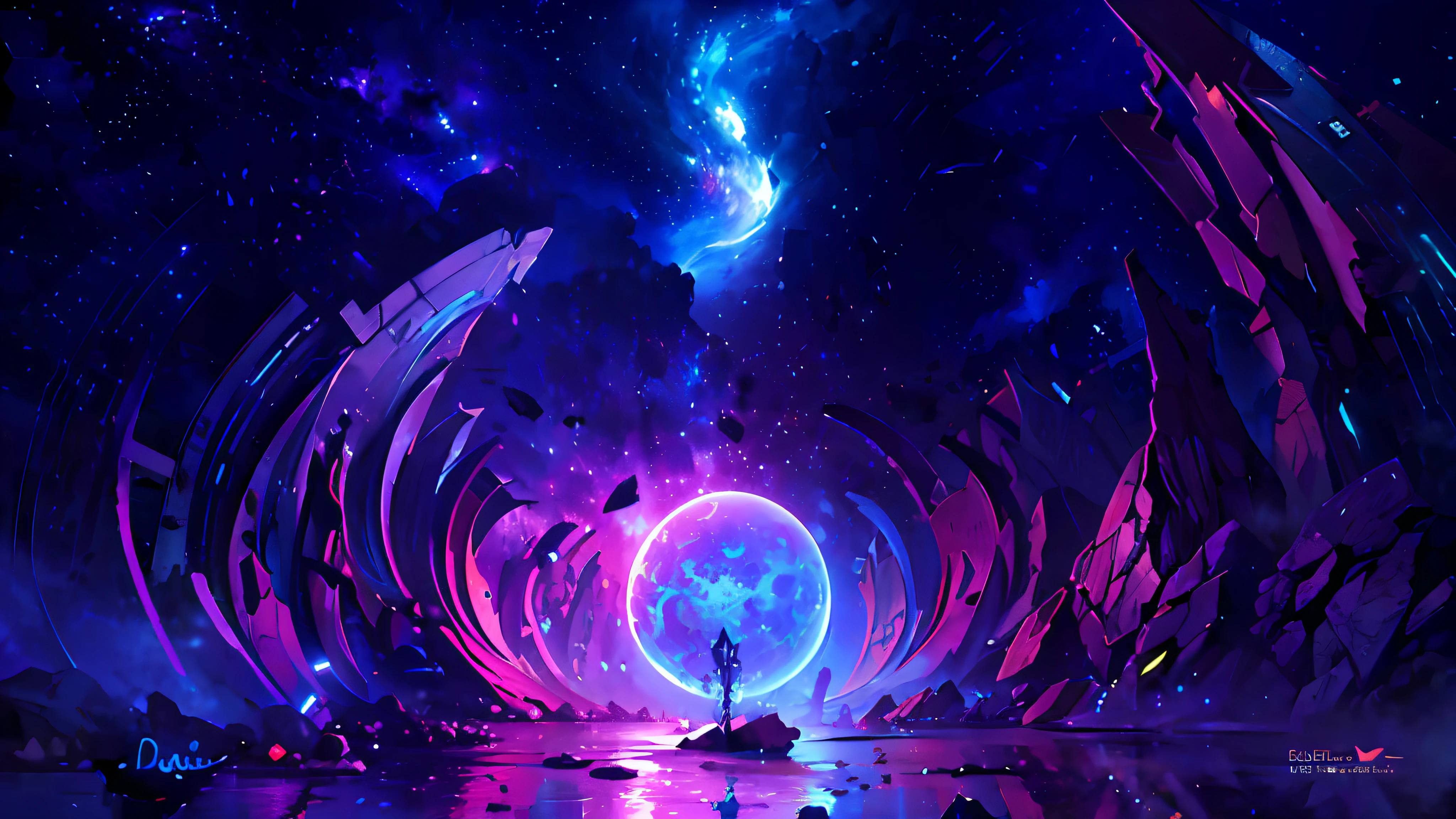 a closeup of a purple and blue light in a dark room, inspired by Cyril Rolando, in the style of cyril rolando, dark neon color universe, fantasy space, surreal space, portal to outer space, by Cyril Rolando, dreamlike digital painting, infinite cosmos in the background, hybrid mix of beeple, portal to another universe, violet planet 4k concept art wallpaper, 4K HD matte digital paint, 4K fantasy art, 8K widescreen digital art
