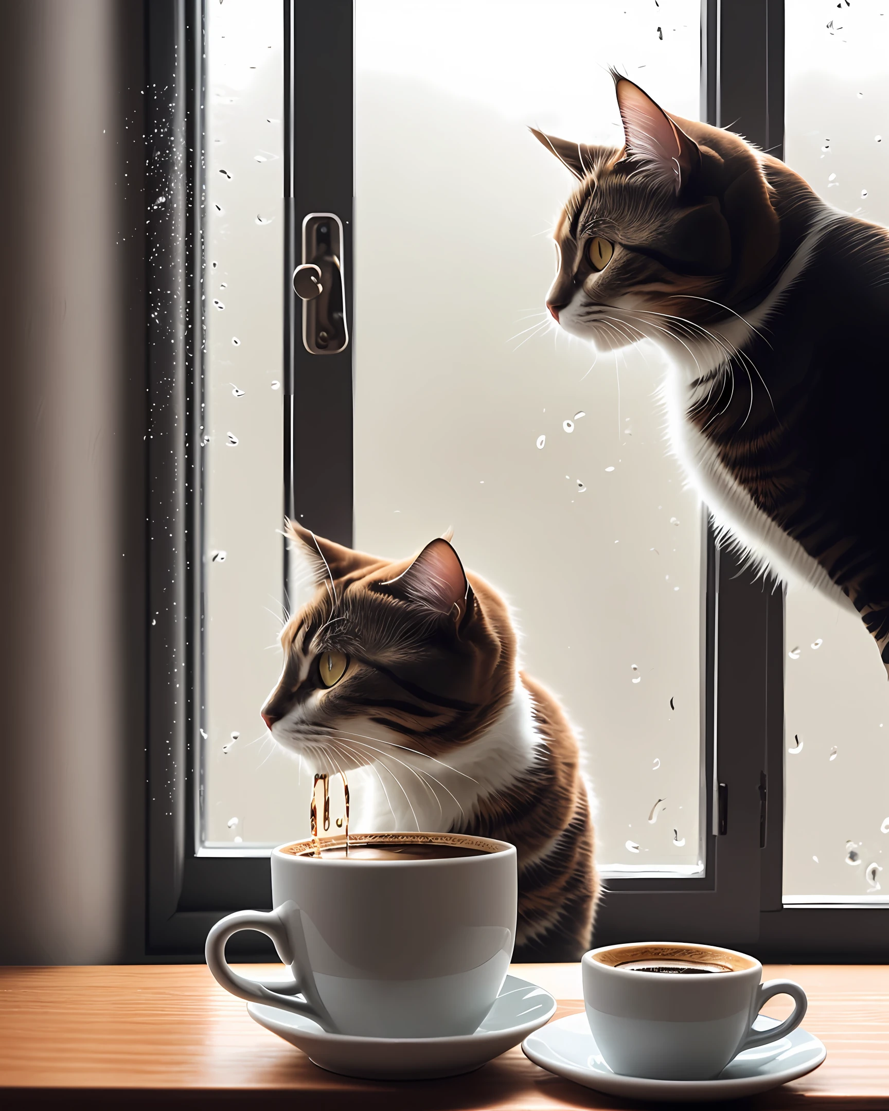 Cat drinking coffee in a coffee shop, staring at a rainy window