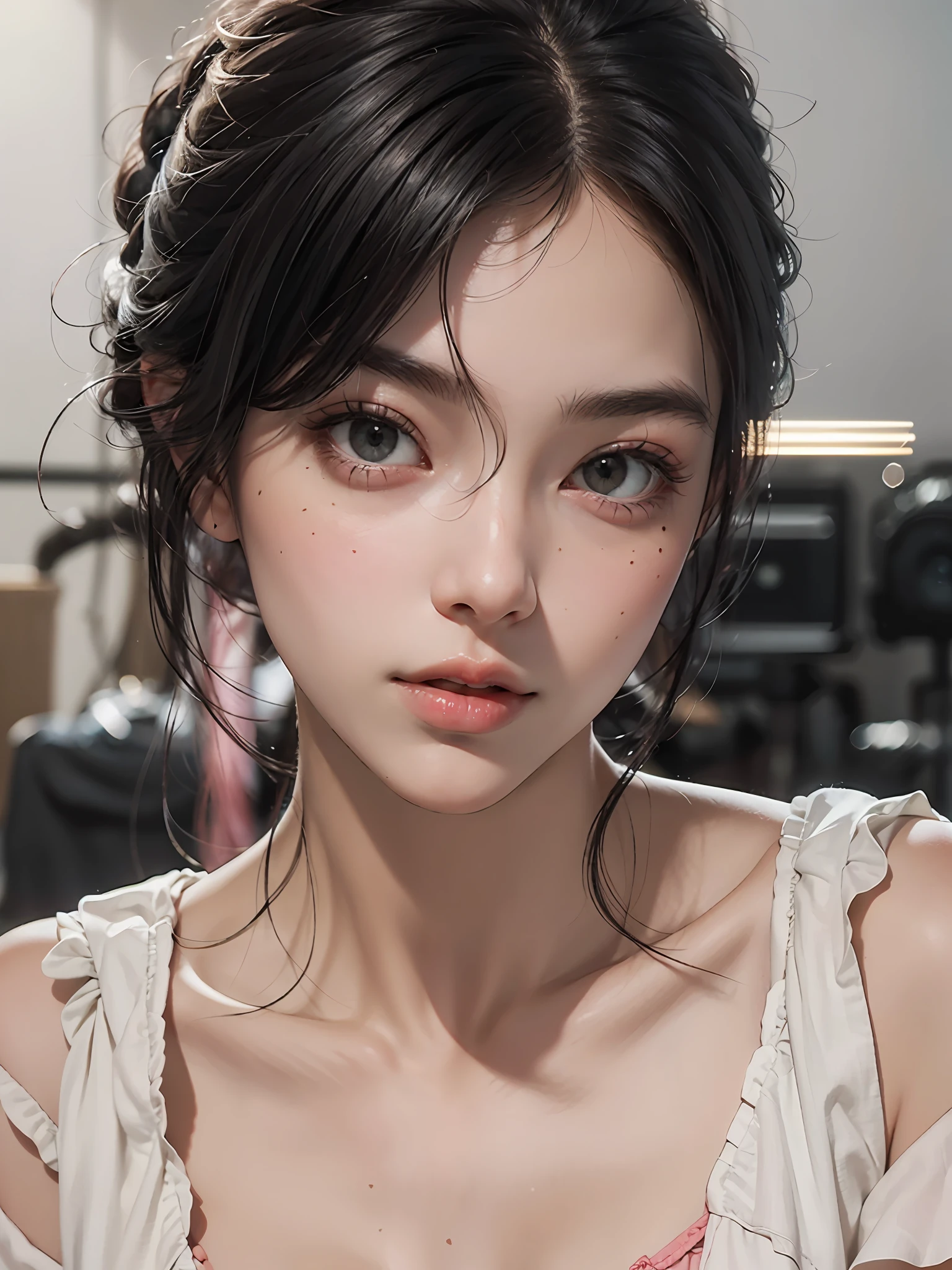 Best Quality, Masterpiece, 8k A, Ultra High Resolution, (Realisticity: 1.4), Original Photo, 1Girl, Beautiful, Super Skin Details, Pink Off-the-Shoulder, Cinematic Lighting