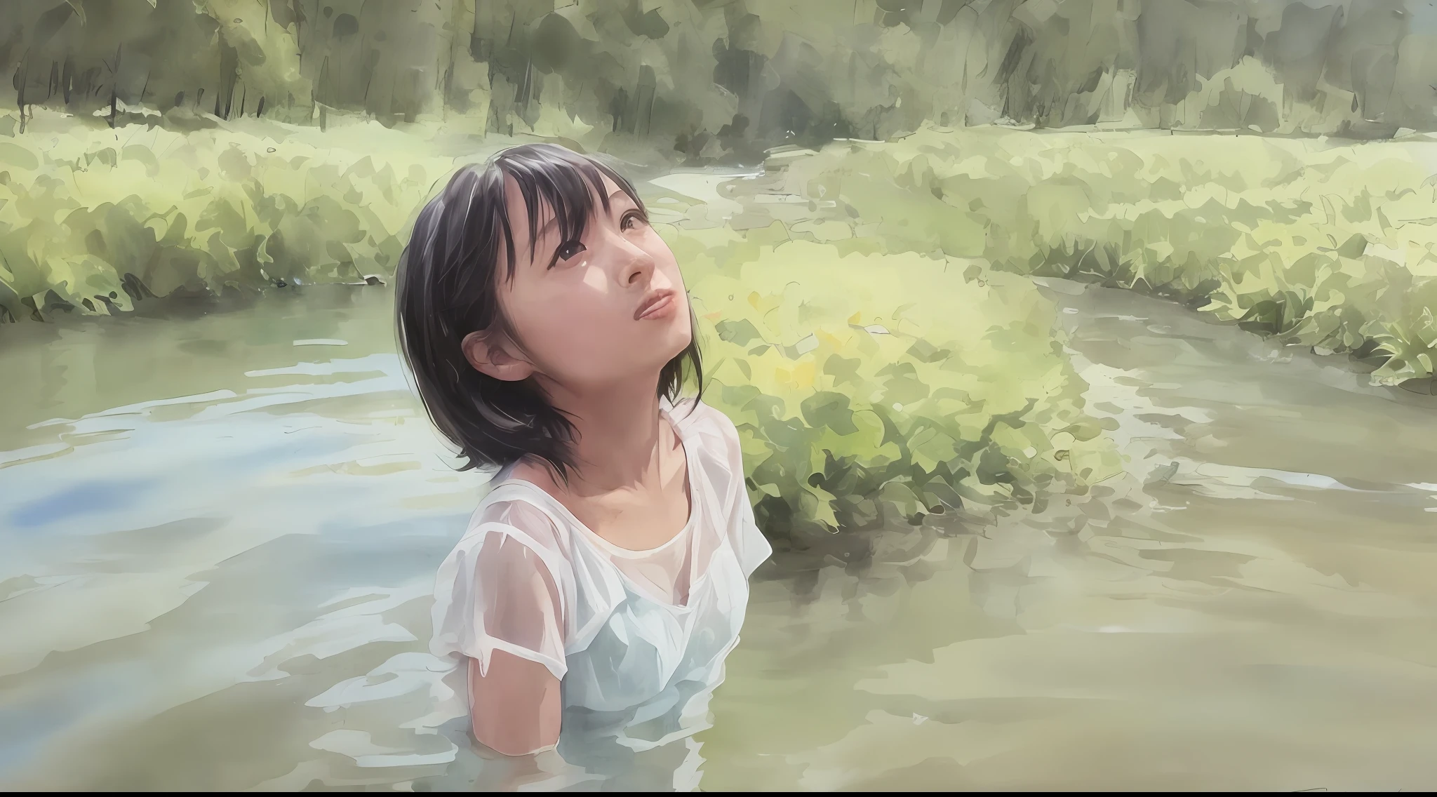 (Masterpiece, Real: 1.4), (Very Complex: 1.2), Portrait, (Upper Body: 1.2), (From the front: 1.3), Fashionable tank top, very long silky black hair, chest, bare shoulders, sky, water, looking at the viewer, Japan about 26 years old, head tilt, wind, clouds, outdoor, rain, 1 girl, solo, ultra high definition, 8K UHD, film grain, perfect anatomy, exquisitely detailed skin, Best Shadows, Delicate, RAW, High Resolution, Clean Line
