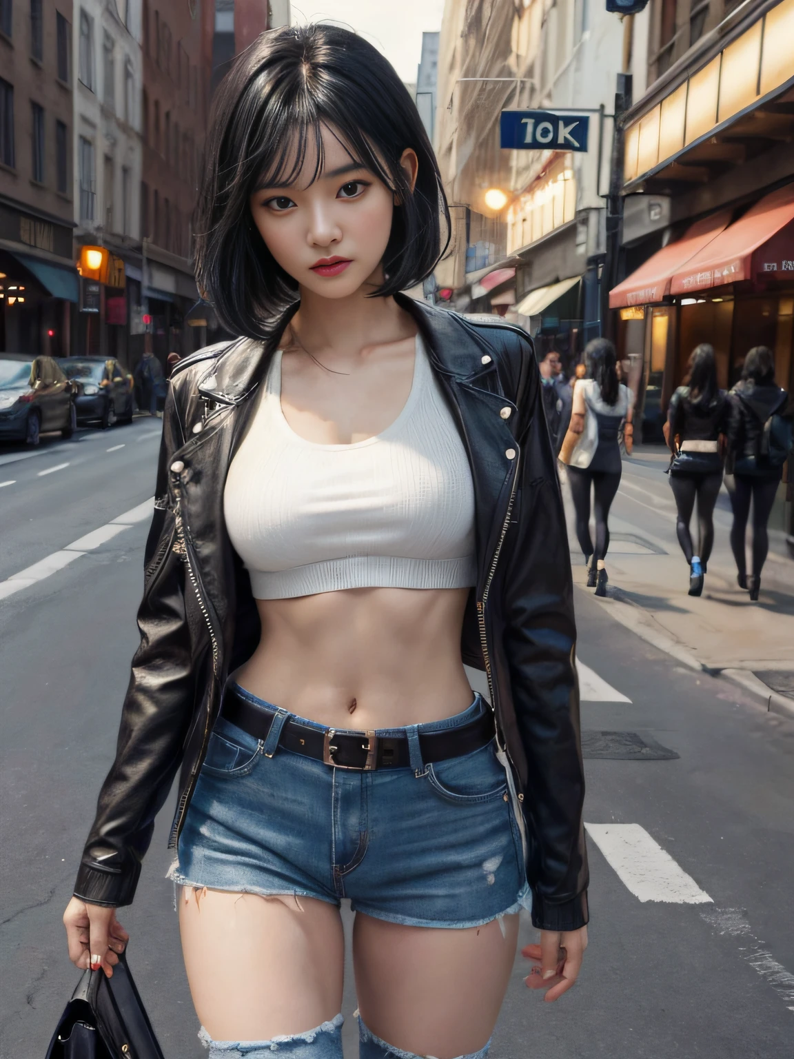 solo, beautiful_lady, (fit body size:1.6), (medium shot size:1.3), (Producing a play), (Bob hairstyle), (Jet black hair:1.4),(Hospital), (at Midday), (winter day ), (Style of Ernie Barnes,Post-Punk ), (Honey blonde Black leggings and oversized sweater), (Barbarella), (Sexy pose), (masterpiece,best quality:1.5),ultra realistic,32k,RAW photo,(high detailed skin:1.2), 8k uhd, dslr, high quality, ultra realistic,32k,extremely detailed CG unity 8k wallpaper, best quality, film grain,, (sexy expression:1.5), (looking_at_the_viewer),