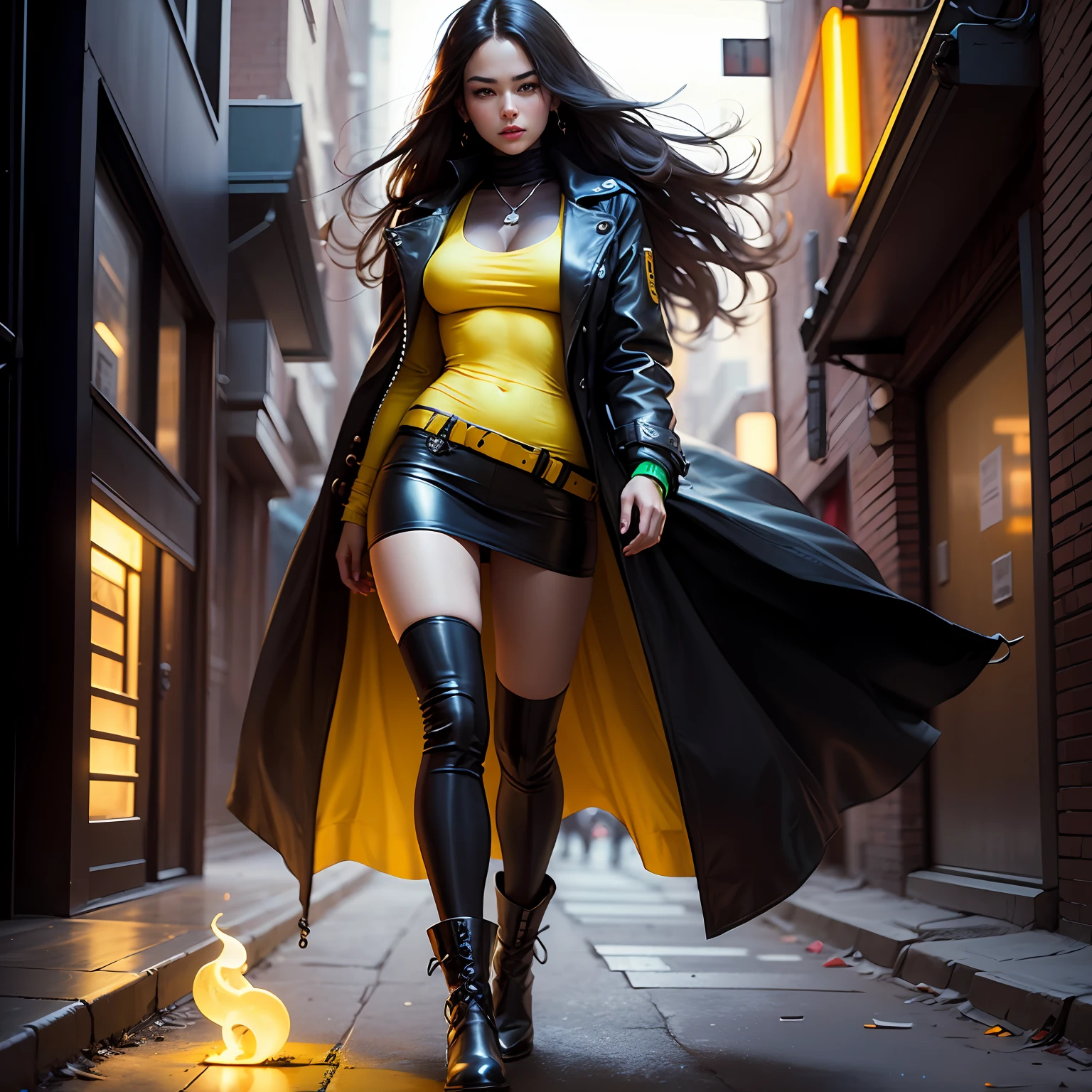 ((beautiful woman)), with overcoat clothes ((yellow)), cyberpunk, ultra realistic, ultra detail, bioluminescence yellow color, beautiful lighting, black leather boots and long hair --auto