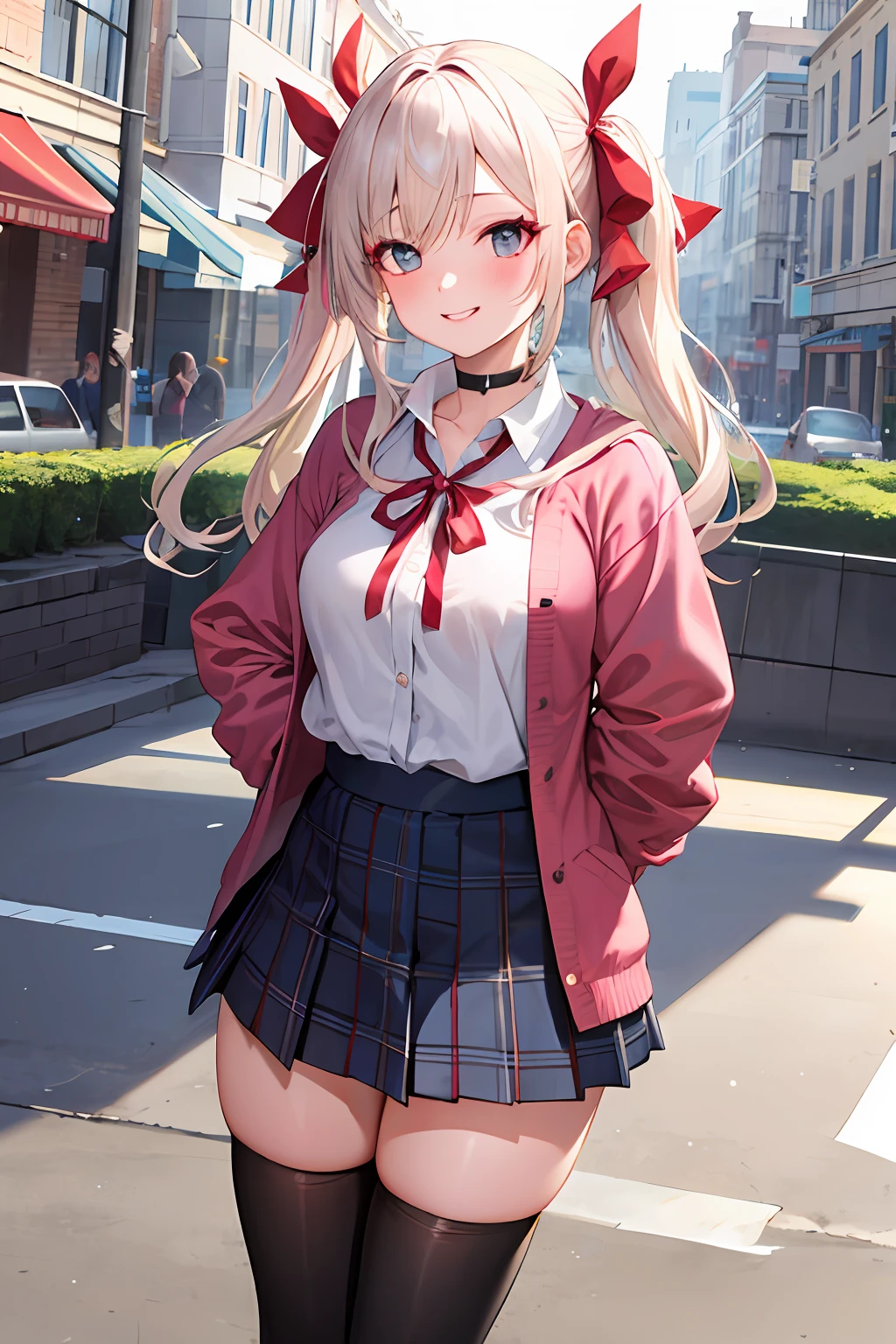 1girl, solo focus, young women, skin imperfection, light white skin, perfect face, puffy face, beautiful face, puffy eyes, blue eyes, big eyes, perfect eyes, eyelashes, long platinum blonde hair, bangs, makeup, blush, blush nose, glitter makeup on eyes, detailed anime soft face, pink clothes, highres, twintails, hair ribbon, long sleeves, red bow, pink cardigan, white thighhighs, plaid skirt, red ribbon, black choker, school uniform, open shirt, outdoors, cowboy shot, standing, smile, hands behind back