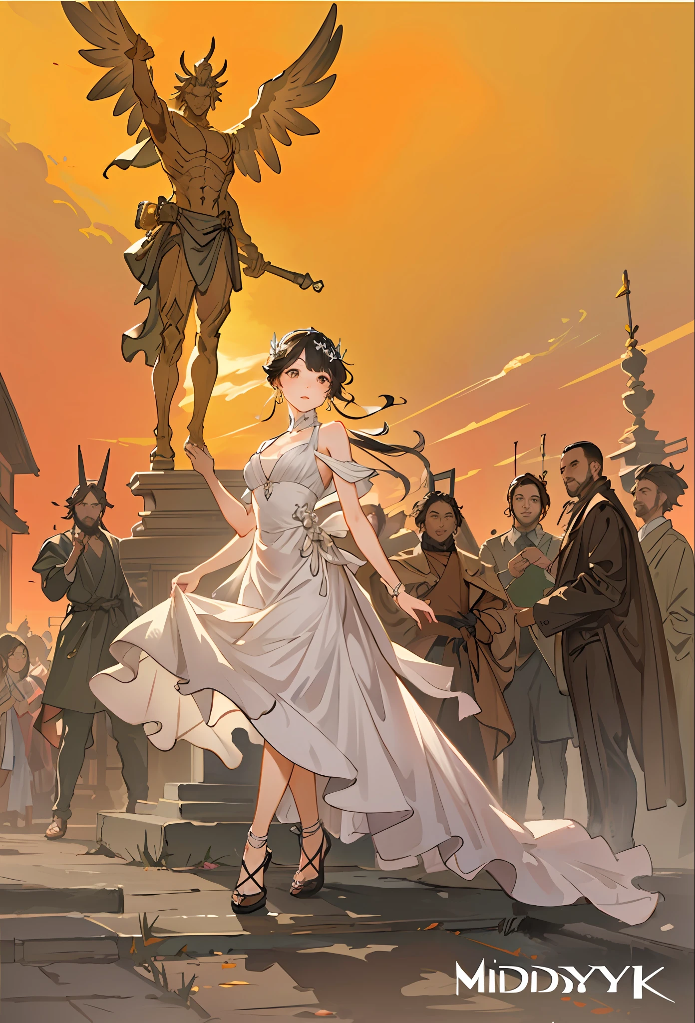 Model shooting style, (extremely detailed CG Unity 8k wallpaper), full-shot body photo of the most beautiful artwork in the world, stunning beautiful photo realistic available, super realistic super detailed photo, a beautiful girl as a female dancer entering the Loggia dei Lanzi of Florence,complex dress, banquet, crowd, [slight smile], (Sculpture of Hercules background), (princess eyes, shining pupils), detailed symmetrical beautiful hazel eyes, detailed gorgeous face, highly detailed, Vibrant, professional majestic oil painting by Ed Blinkey, Atey Ghailan, Studio Ghibli, Jeremy Mann, Greg Manchess, Antonio Moro, ArtStation Trends, CGSociety Trends, Complex, High Detail, Sharp Focus, Dramatic, Realistic Painting Art, by Midjourney and Greg Written by Rutkowski