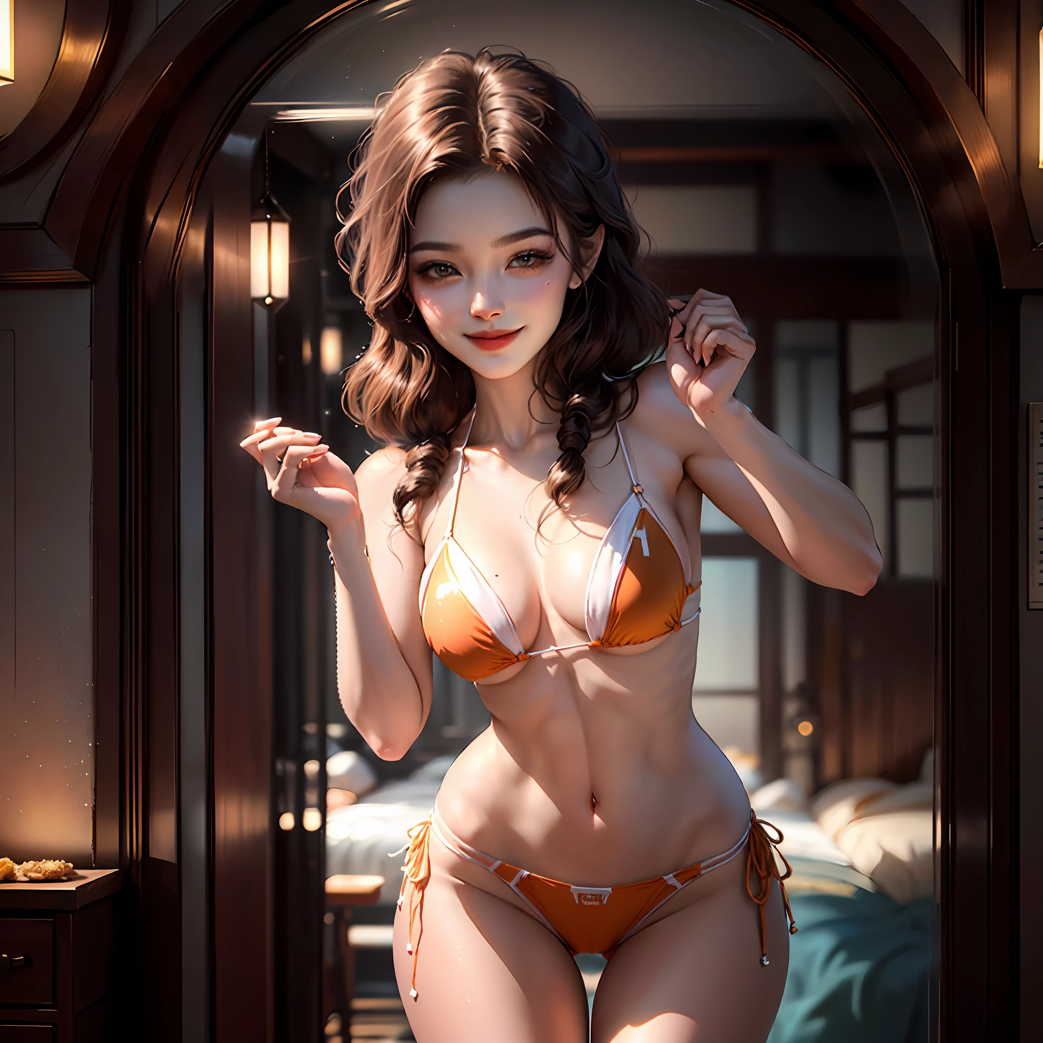 (Super Top Quality, 8k, 32k, Masterpiece, UHD: 1.2), (1 Japan Super Beautiful Women), (33 years old, slender and perfect figure), Trained Abs, Short and Wet Brown Hair, Professional Lighting, Photon Mapping, (Ultra Detailed Skin), (Exposed Crotch), (Using Micro Bikini (Micro Strips of Thin Silk Loose Fabric Micro Bikini)), (Wearing Ultra High Leg Panties in Detail), With pubic hair, (Squat with legs open, displaying the crotch in detail)), (big drop)), super detailed face, ((no close-up)), (areola bulge protrudes on the surface of the bikini), (((crispy camel finger)), smile looking at me, dynamic pose. --auto