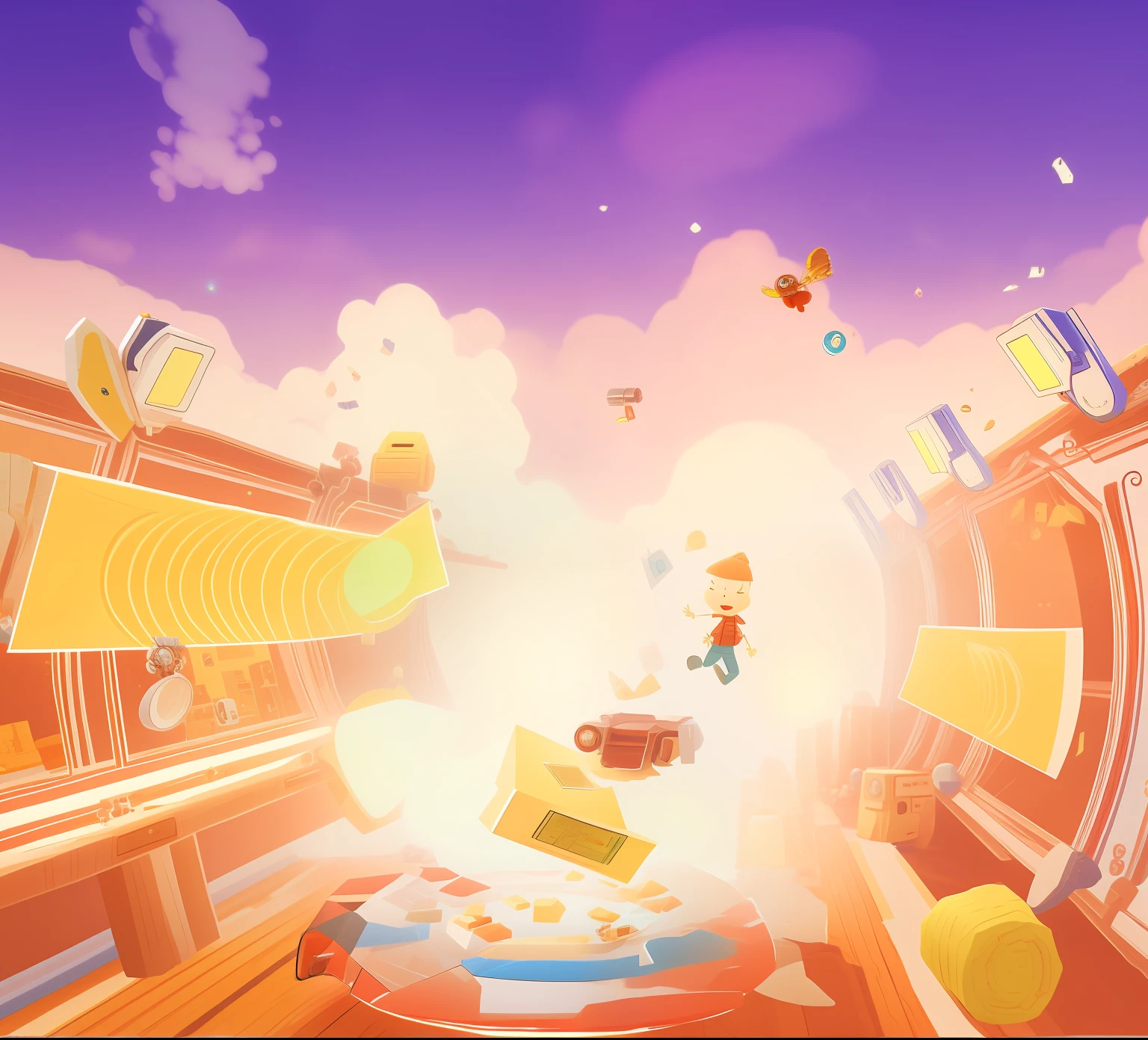 a close up of a cartoon character in a room with a lot of objects, flying toasters in heaven, video game screenshot>, screenshot from the game, screenshot from game, pc screenshot, gameplay still, game screenshot, video game screenshot, promo art, game illustration, videogame still, gameplay footage, videogame screenshot, ultra wide gameplay screenshot, gameplay screenshot