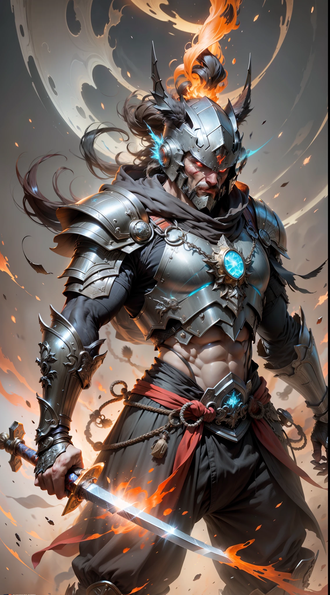 Incredible artistic and detailed image of a warrior in metallic armor holding a large and imposing sword of fire and plasma. In the background a large luminous circle of pure energy, kinematic, ray tracing, caustics, particles