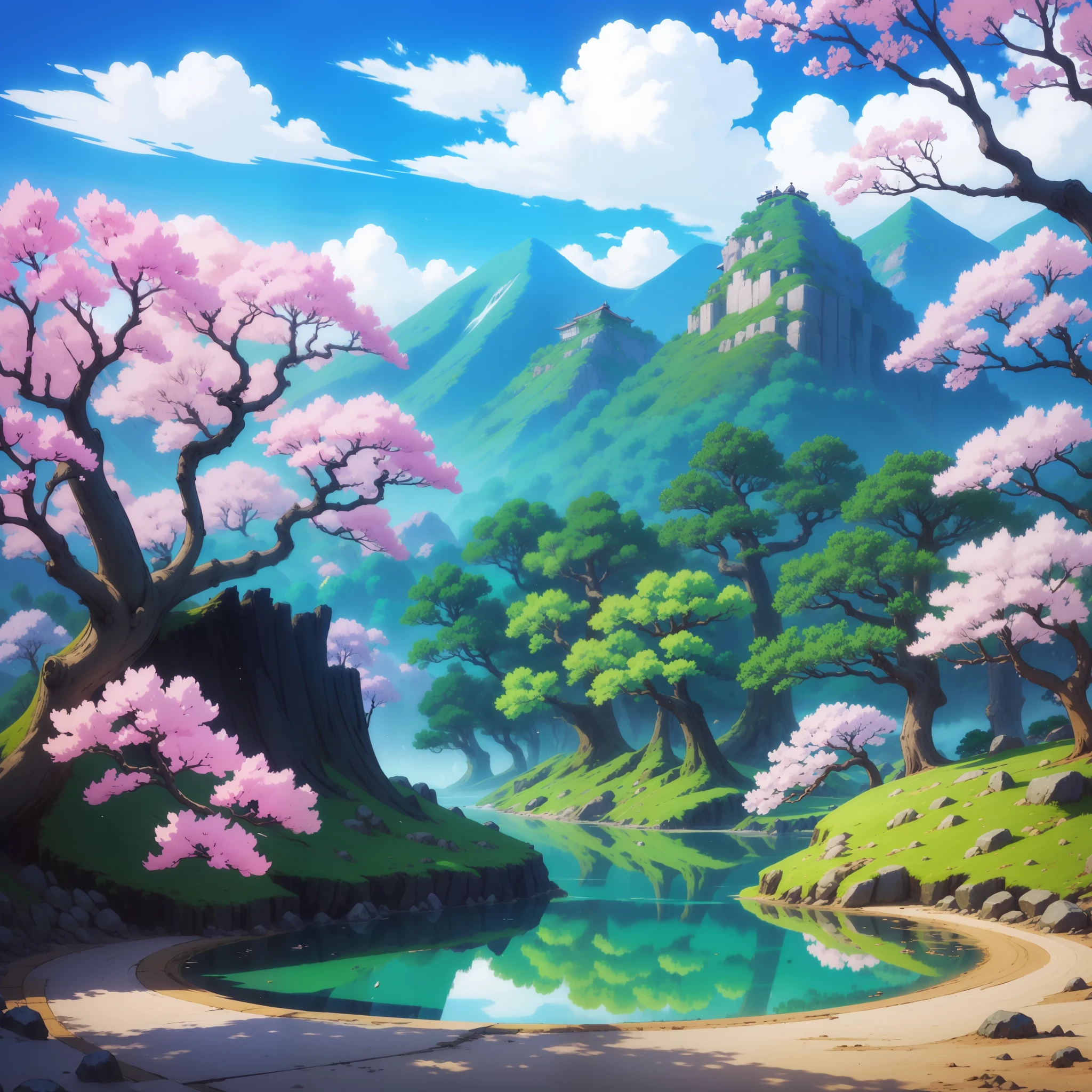 Samurai, anime samurai, swordsman, odachi, scenery, sakura tree, divine landscape, masterpiece.