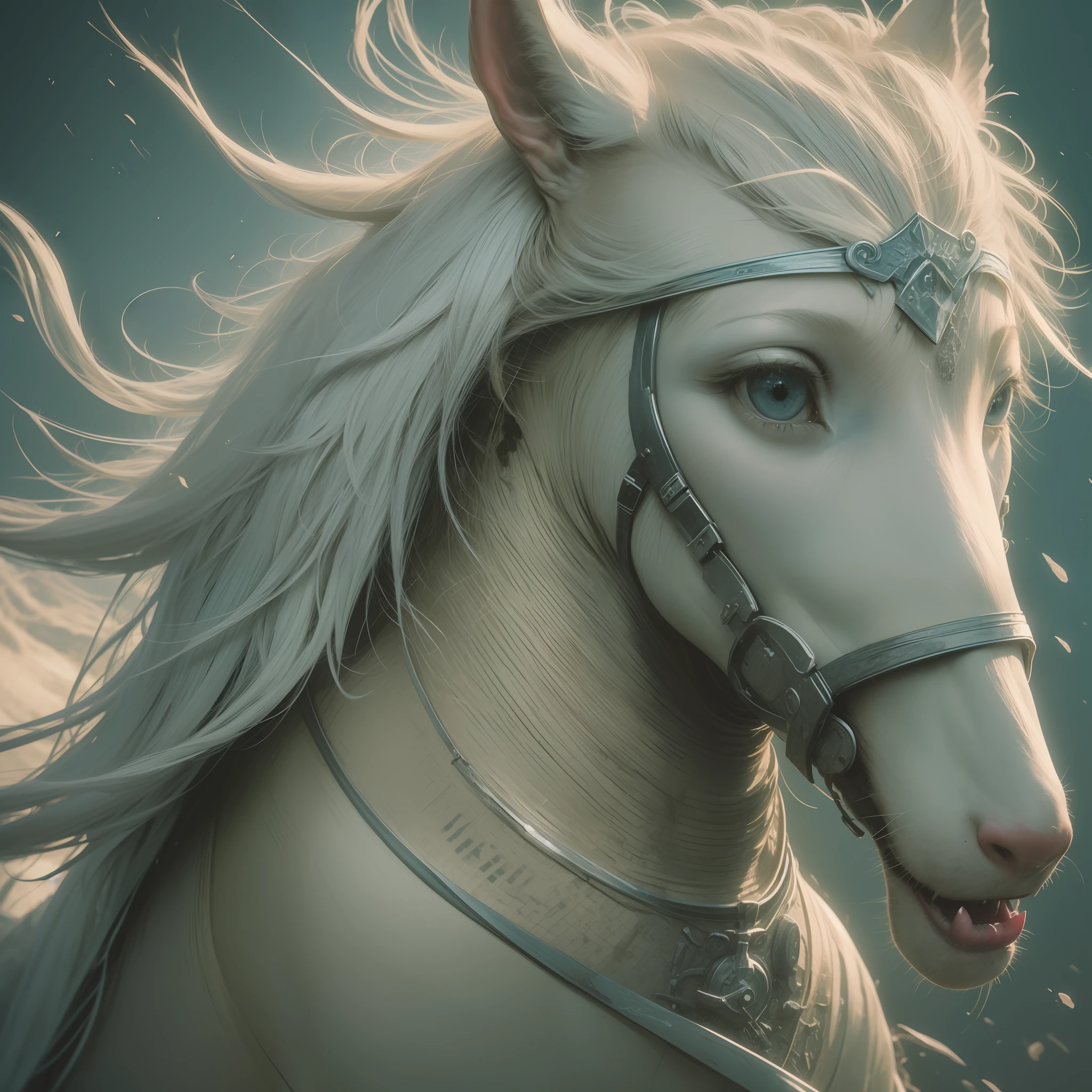 White-haired Hatsune Miku, riding a horse, ((hyper detail)) (real: 1.5), (raw photo: 1.4), (photorealistic: 1.3), (masterpiece), highest quality, highest quality, highly detailed CG Unity 8k wallpaper, detailed and complex, original, miracle witch, flower, high resolution, :( detail face: 1.2): 0.2], film grain, (high detail skin: 0.9), 8k, detailed gradient background