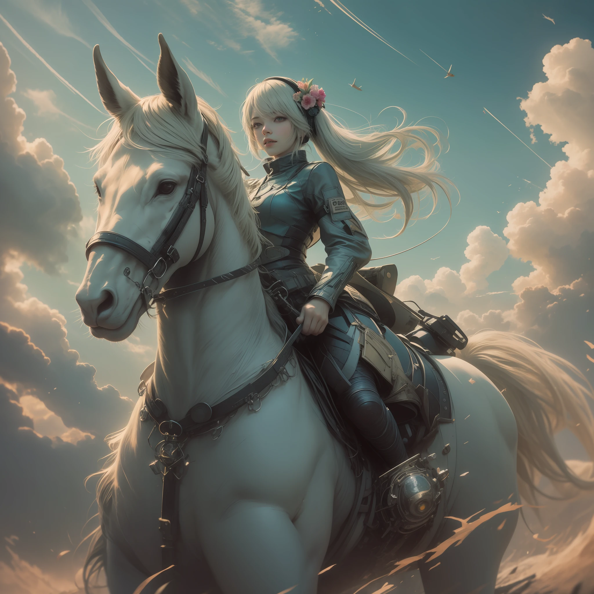 White-haired Hatsune Miku, riding a horse, ((hyper detail)) (real: 1.5), (raw photo: 1.4), (photorealistic: 1.3), (masterpiece), highest quality, highest quality, highly detailed CG Unity 8k wallpaper, detailed and complex, original, miracle witch, flower, high resolution, :( detail face: 1.2): 0.2], film grain, (high detail skin: 0.9), 8k, detailed gradient background