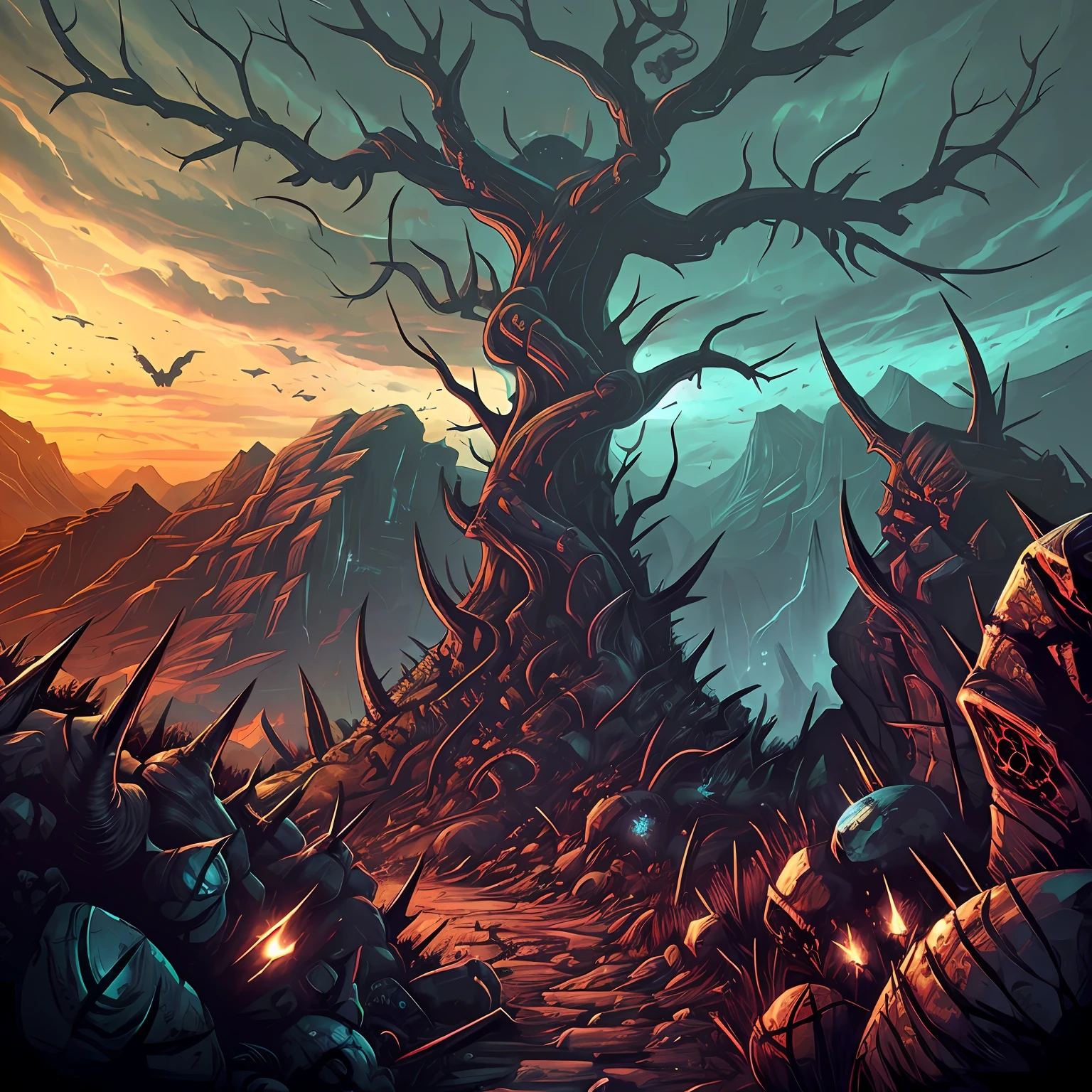 "Style: dark horror landscape; Theme: Ruined canyons full of biomechanics; futuristic horror sites; barbed walls; Madness and frenzy; spikes and thorns; The illusion of the virtual engine. "
Is there anything else you need help with?