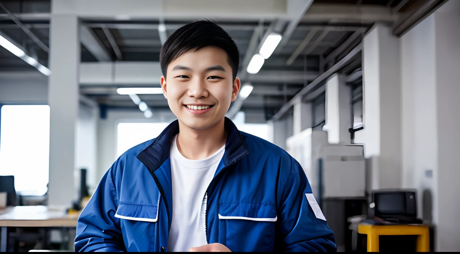 smiling young chinese man in blue jacket thumbs up, wearing plumber uniform, very professional, stock photo, maintenance, thumbs up, in office scene, professional work, fine workmanship, professional photo, shutter stock, maintenance photo, chinese man, upload, thumbs up, warm friendly expression, photo still, hd photo, masterpiece